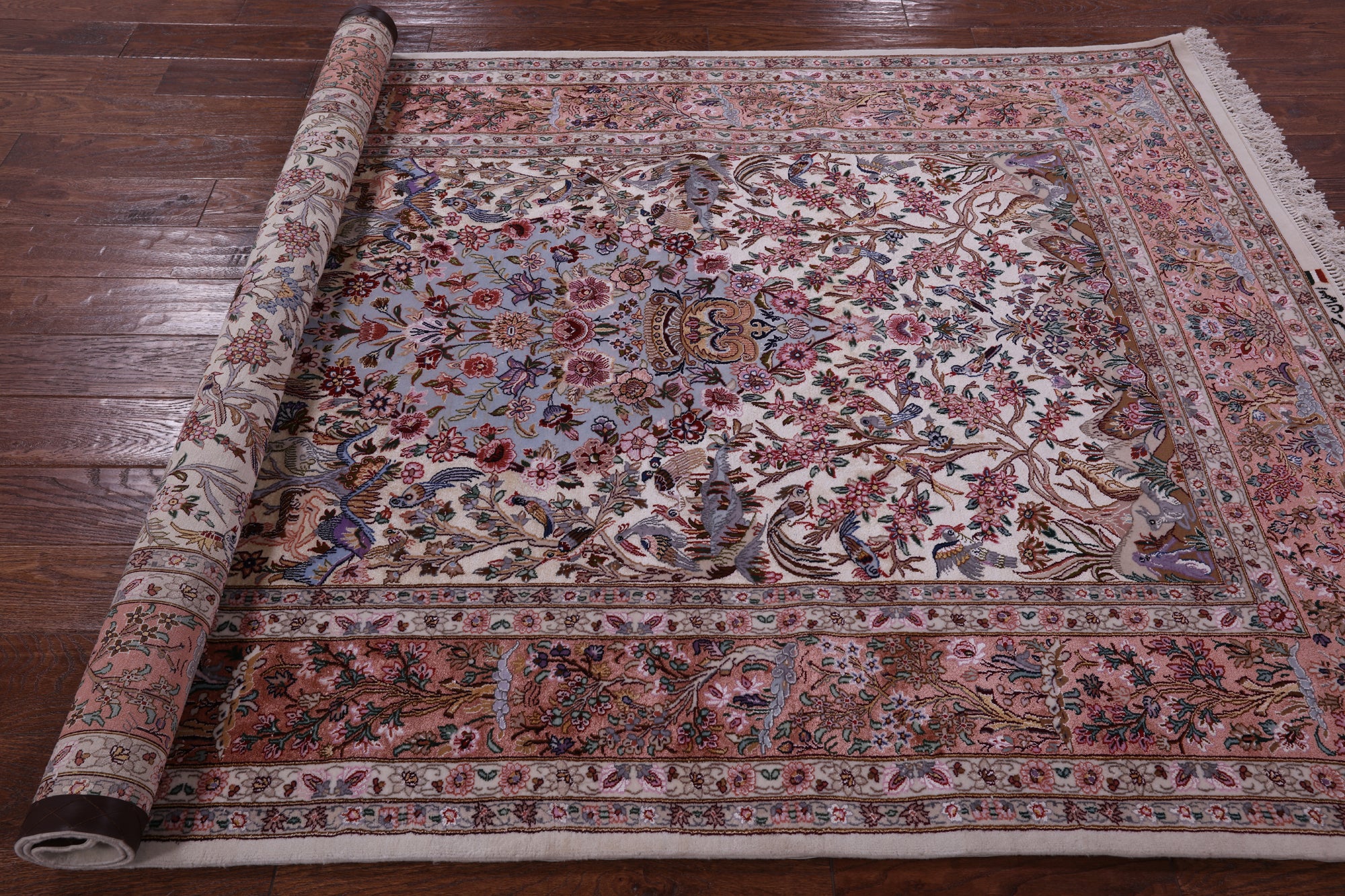 Ivory Signed Isfahan Authentic Persian Hand Knotted Wool & Silk Rug - 5' 1" X 7' 7" - Golden Nile