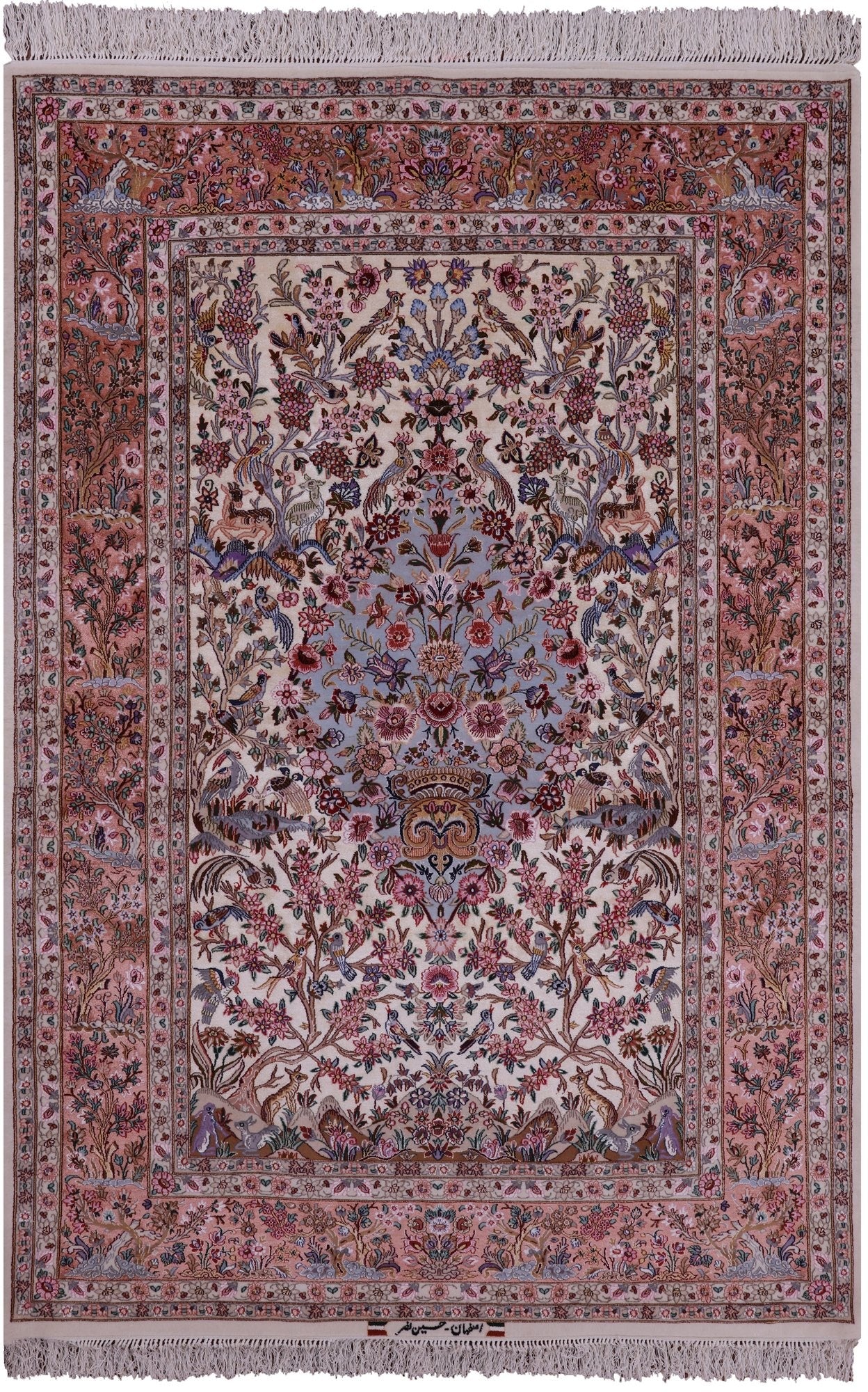 Ivory Signed Isfahan Authentic Persian Hand Knotted Wool & Silk Rug - 5' 1" X 7' 7" - Golden Nile