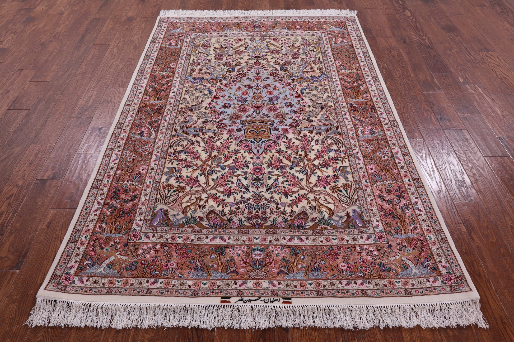 Ivory Signed Isfahan Authentic Persian Hand Knotted Wool & Silk Rug - 5' 1" X 7' 7" - Golden Nile