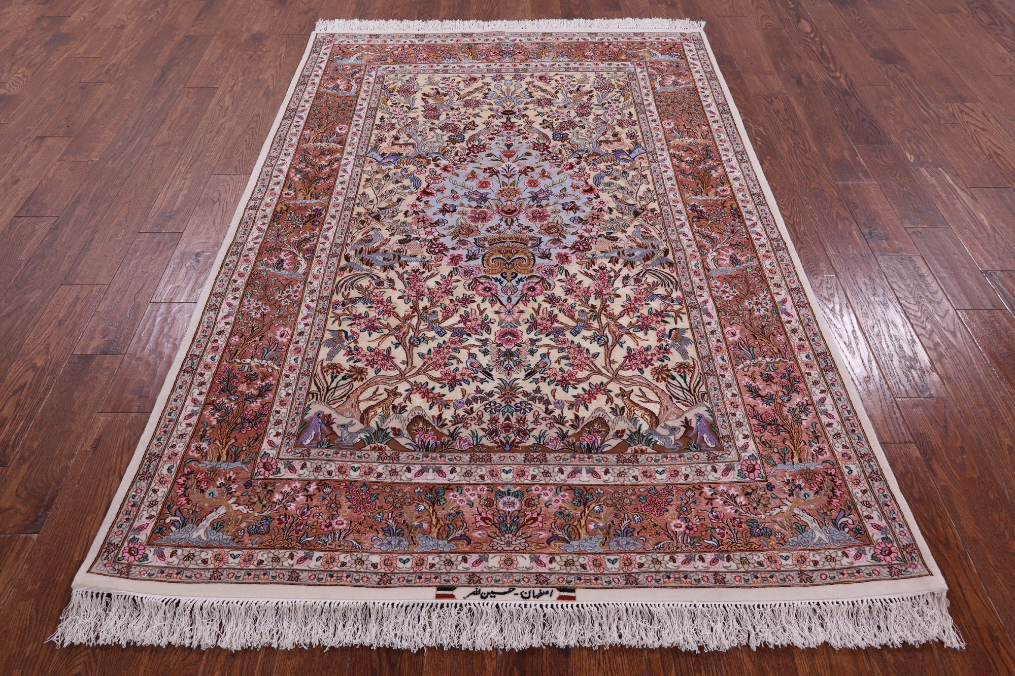 Ivory Signed Isfahan Authentic Persian Hand Knotted Wool & Silk Rug - 5' 1" X 7' 7" - Golden Nile