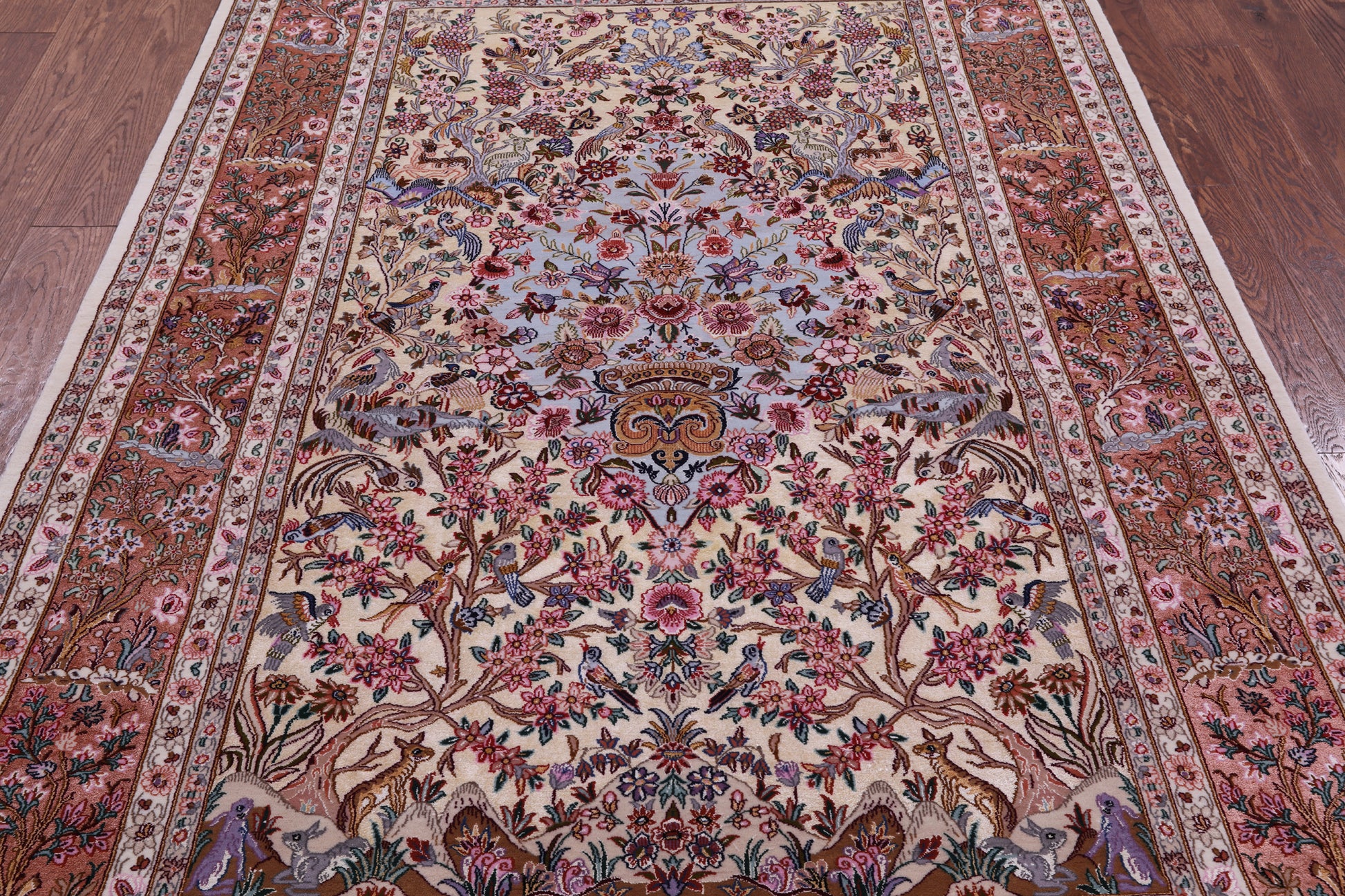 Ivory Signed Isfahan Authentic Persian Hand Knotted Wool & Silk Rug - 5' 1" X 7' 7" - Golden Nile
