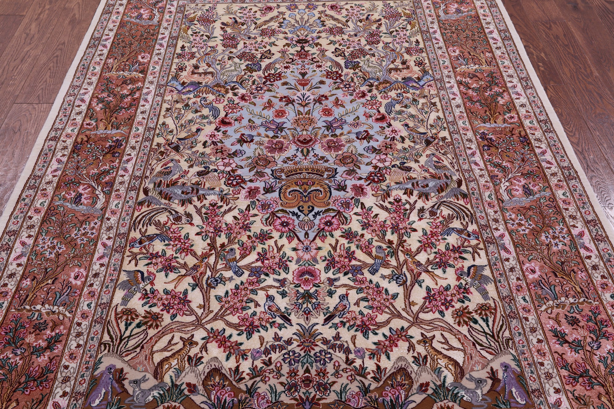 Ivory Signed Isfahan Authentic Persian Hand Knotted Wool & Silk Rug - 5' 1" X 7' 7" - Golden Nile
