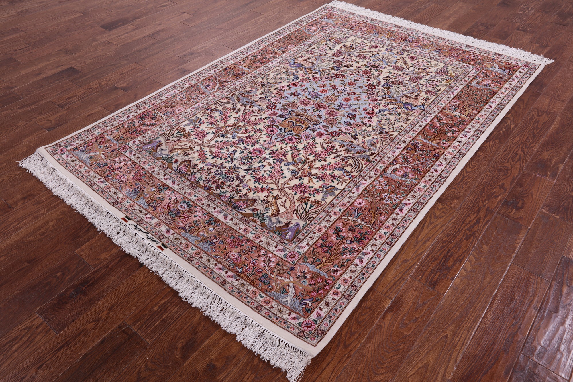 Ivory Signed Isfahan Authentic Persian Hand Knotted Wool & Silk Rug - 5' 1" X 7' 7" - Golden Nile
