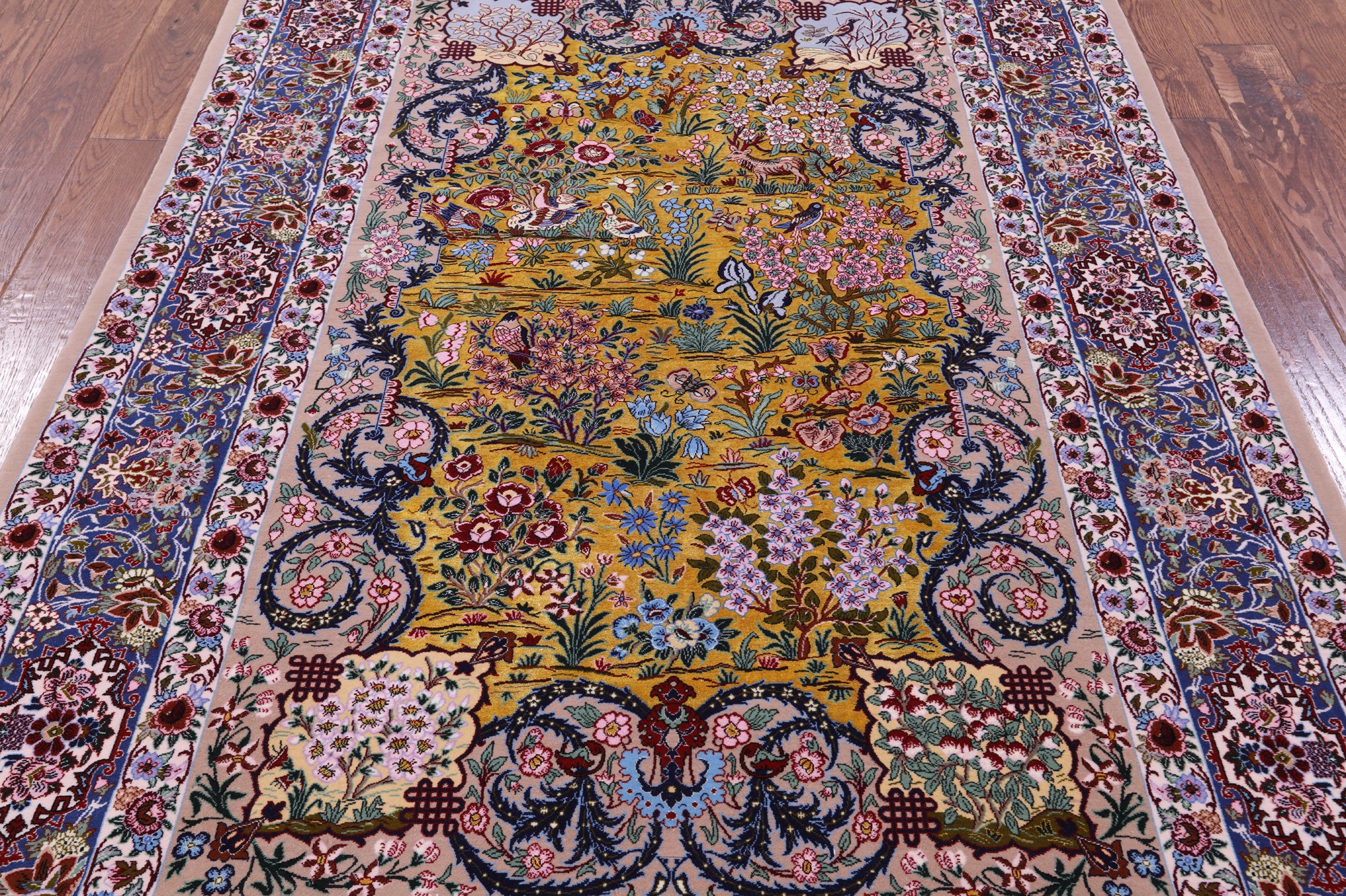 Gold Signed Isfahan Authentic Persian Hand Knotted Wool & Silk Area Rug - 4' 9" X 7' 3" - Golden Nile