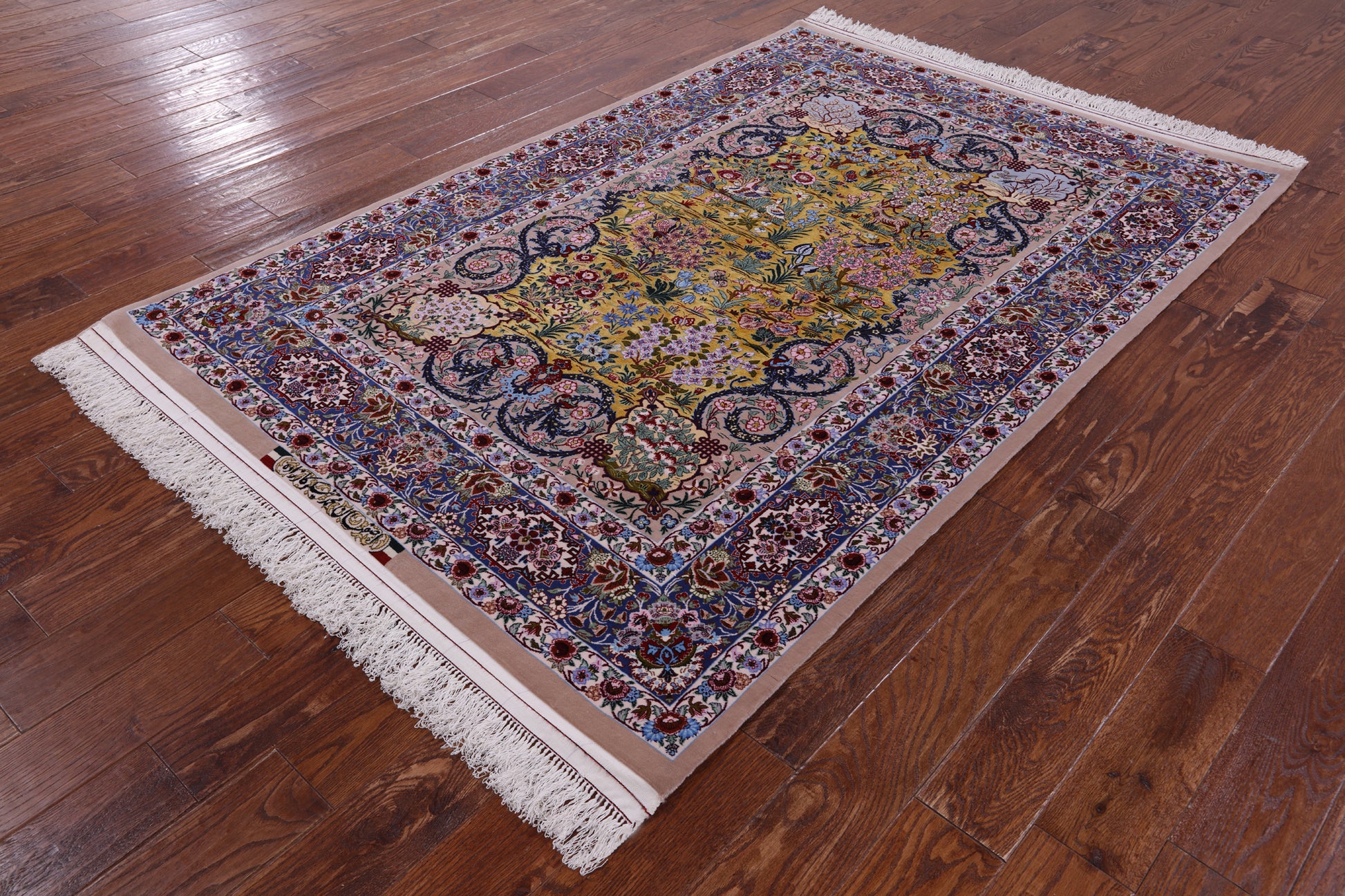 Gold Signed Isfahan Authentic Persian Hand Knotted Wool & Silk Area Rug - 4' 9" X 7' 3" - Golden Nile