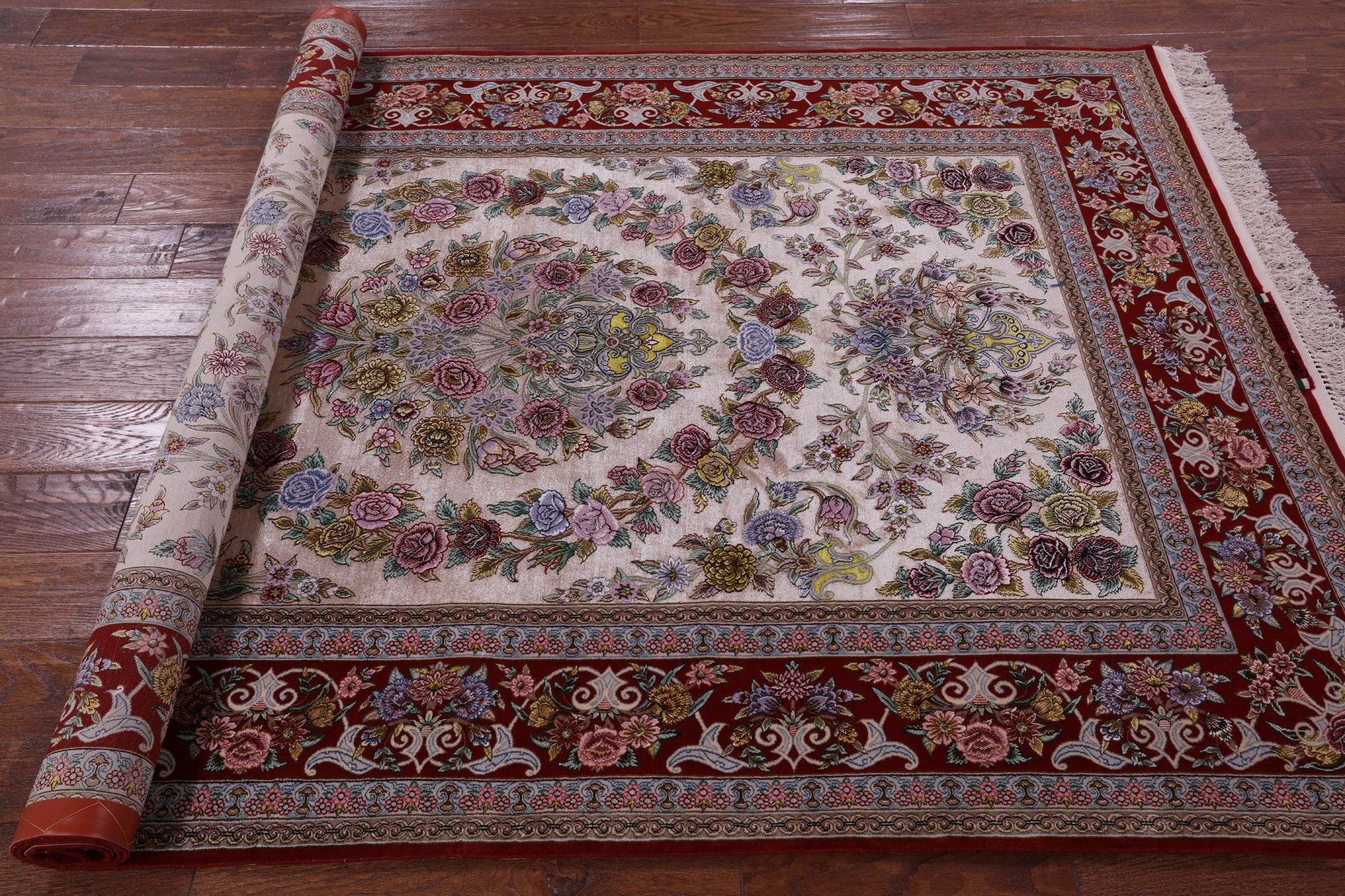 Ivory Signed Isfahan Authentic Persian Hand Knotted Wool & Silk Area Rug - 5' 0" X 7' 8" - Golden Nile