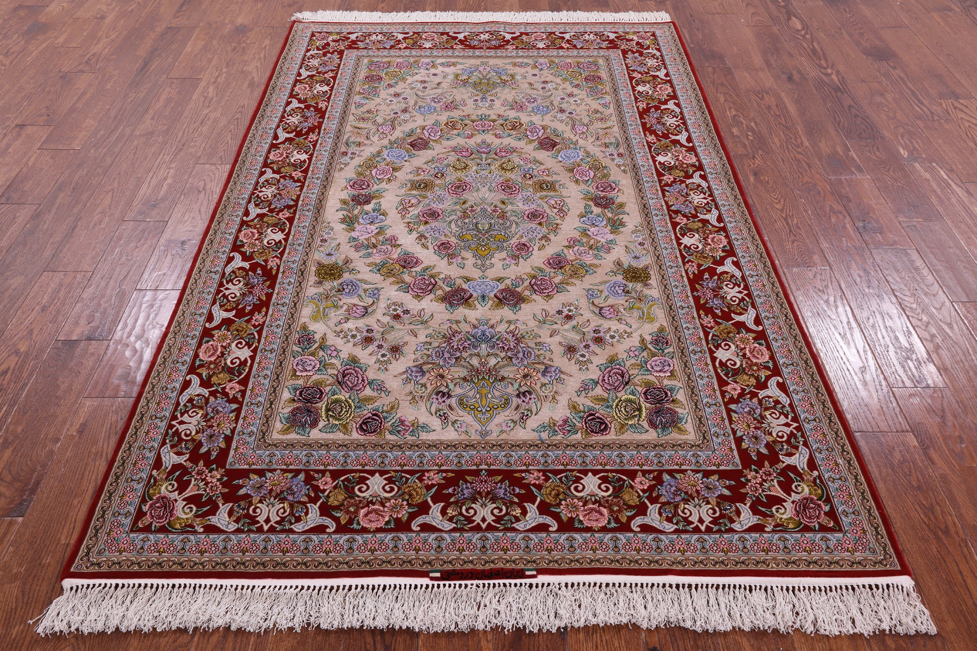 Ivory Signed Isfahan Authentic Persian Hand Knotted Wool & Silk Area Rug - 5' 0" X 7' 8" - Golden Nile