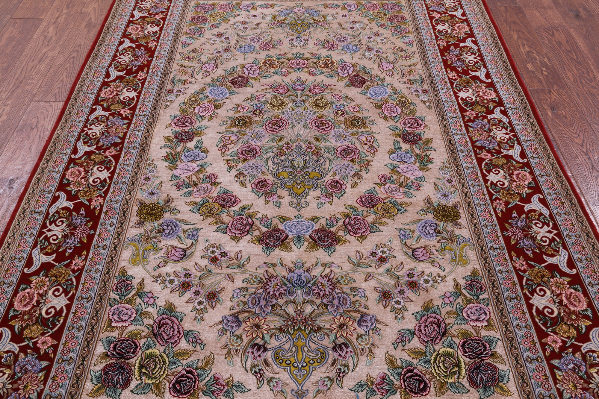 Ivory Signed Isfahan Authentic Persian Hand Knotted Wool & Silk Area Rug - 5' 0" X 7' 8" - Golden Nile