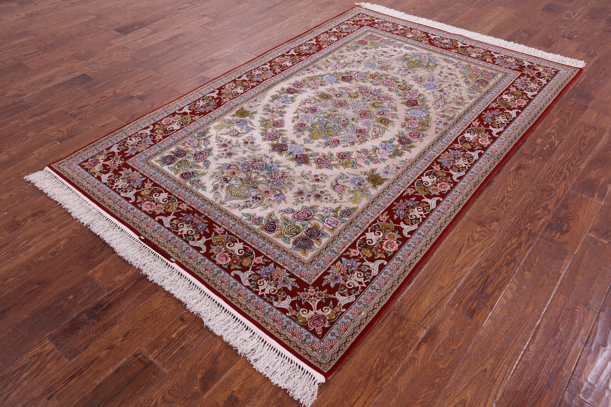 Ivory Signed Isfahan Authentic Persian Hand Knotted Wool & Silk Area Rug - 5' 0" X 7' 8" - Golden Nile