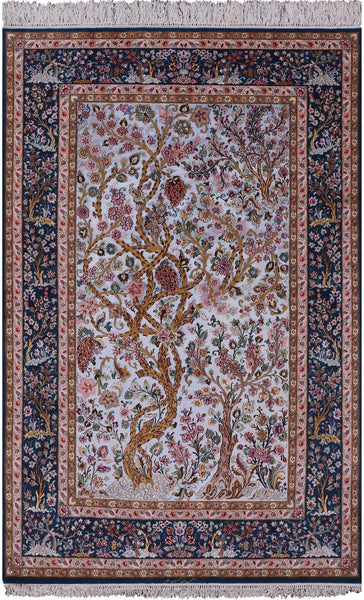 Blue Signed Isfahan Authentic Persian Hand Knotted Wool & Silk Area Rug - 5' 0" X 7' 7" - Golden Nile