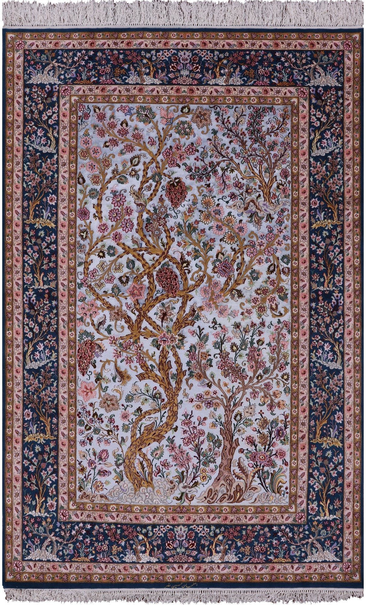 Blue Signed Isfahan Authentic Persian Hand Knotted Wool & Silk Area Rug - 5' 0" X 7' 7" - Golden Nile