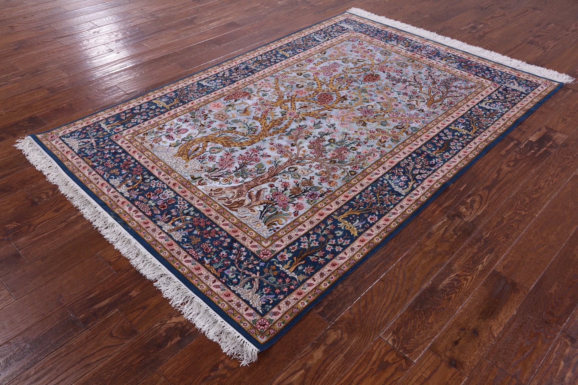 Blue Signed Isfahan Authentic Persian Hand Knotted Wool & Silk Area Rug - 5' 0" X 7' 7" - Golden Nile