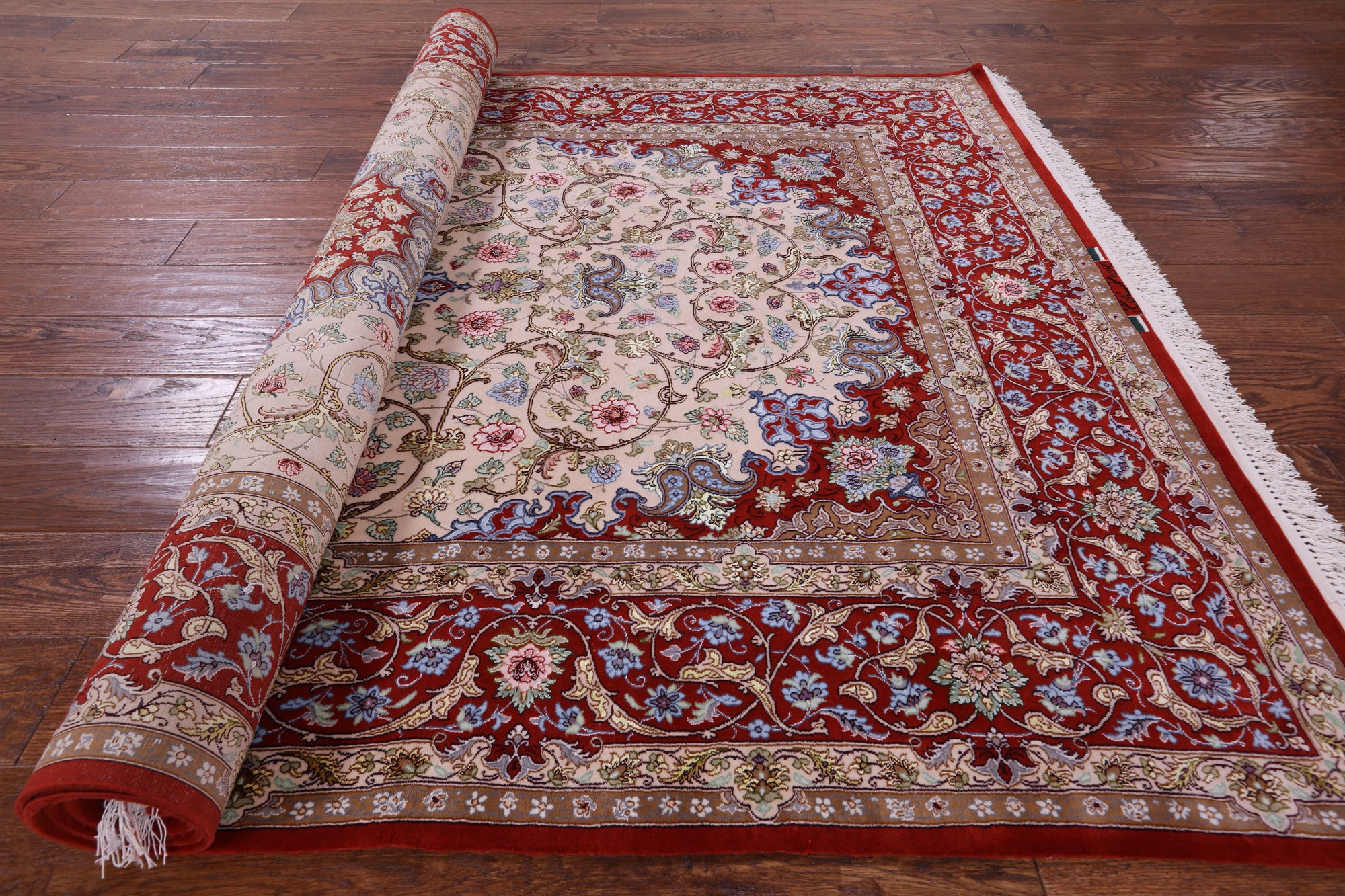 Ivory Signed Isfahan Authentic Persian Hand Knotted Wool & Silk Area Rug - 5' 1" X 7' 10" - Golden Nile