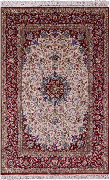 Ivory Signed Isfahan Authentic Persian Hand Knotted Wool & Silk Area Rug - 5' 1" X 7' 10" - Golden Nile