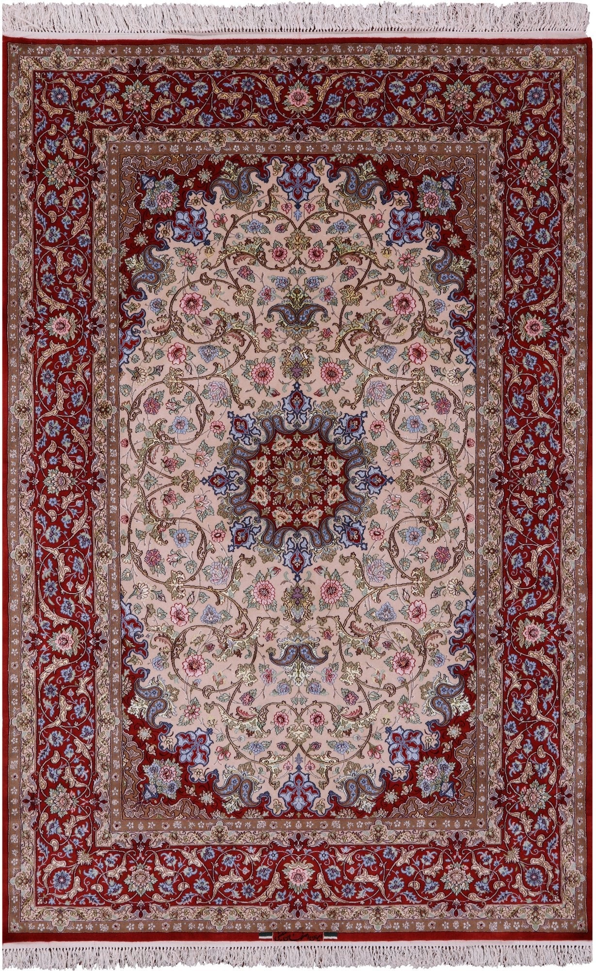 Ivory Signed Isfahan Authentic Persian Hand Knotted Wool & Silk Area Rug - 5' 1" X 7' 10" - Golden Nile