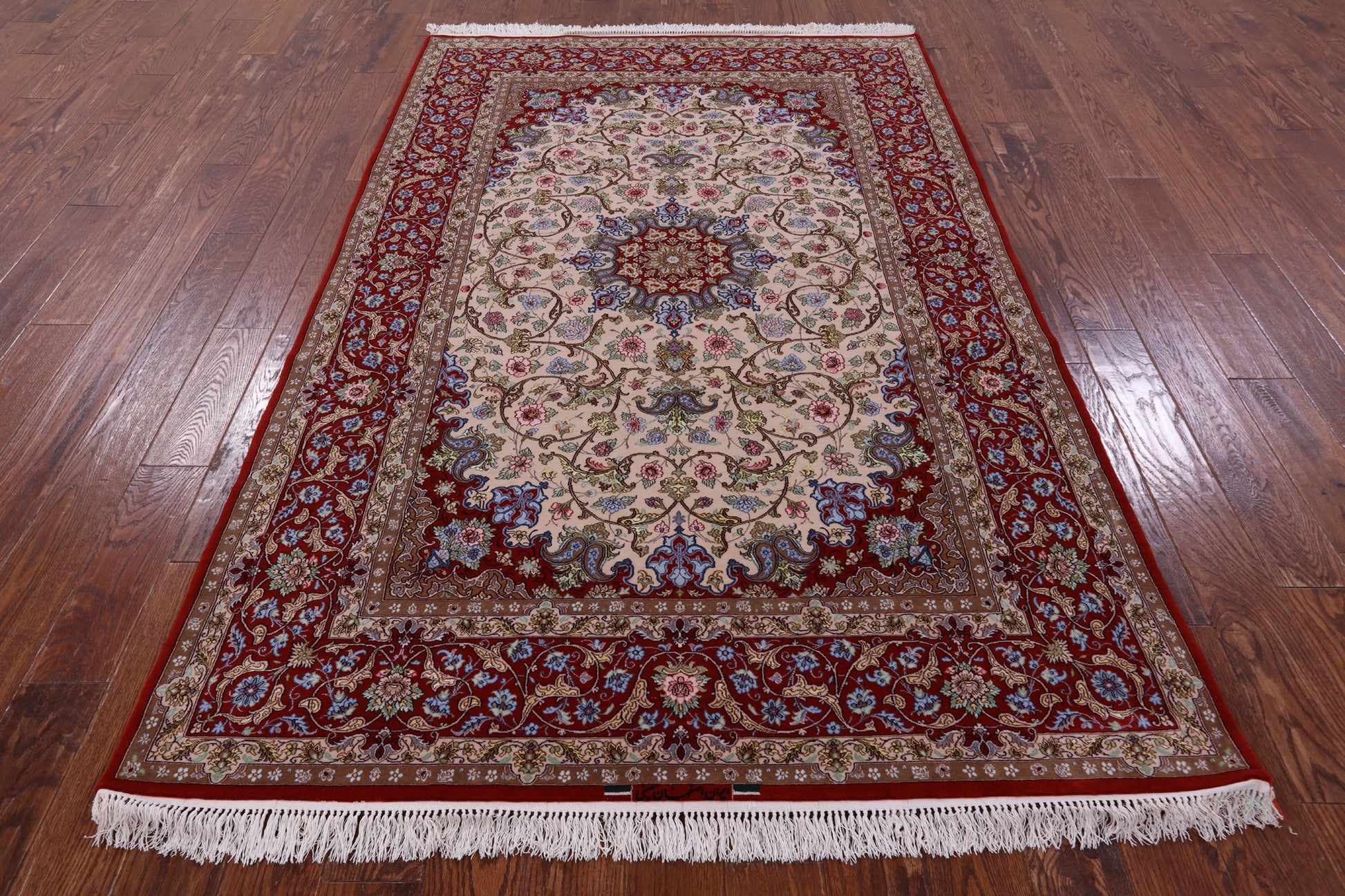 Ivory Signed Isfahan Authentic Persian Hand Knotted Wool & Silk Area Rug - 5' 1" X 7' 10" - Golden Nile