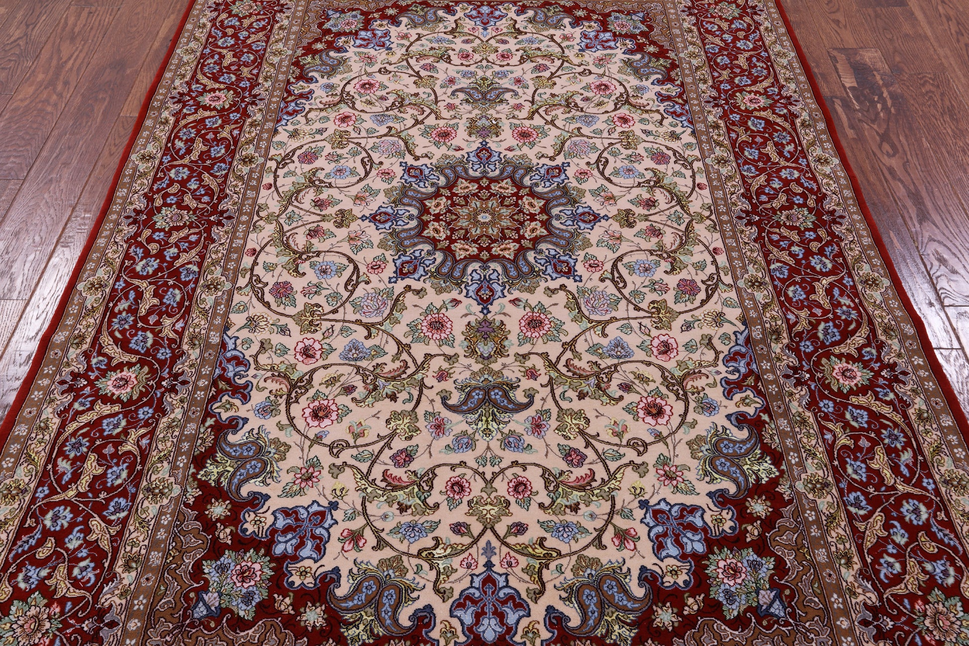 Ivory Signed Isfahan Authentic Persian Hand Knotted Wool & Silk Area Rug - 5' 1" X 7' 10" - Golden Nile