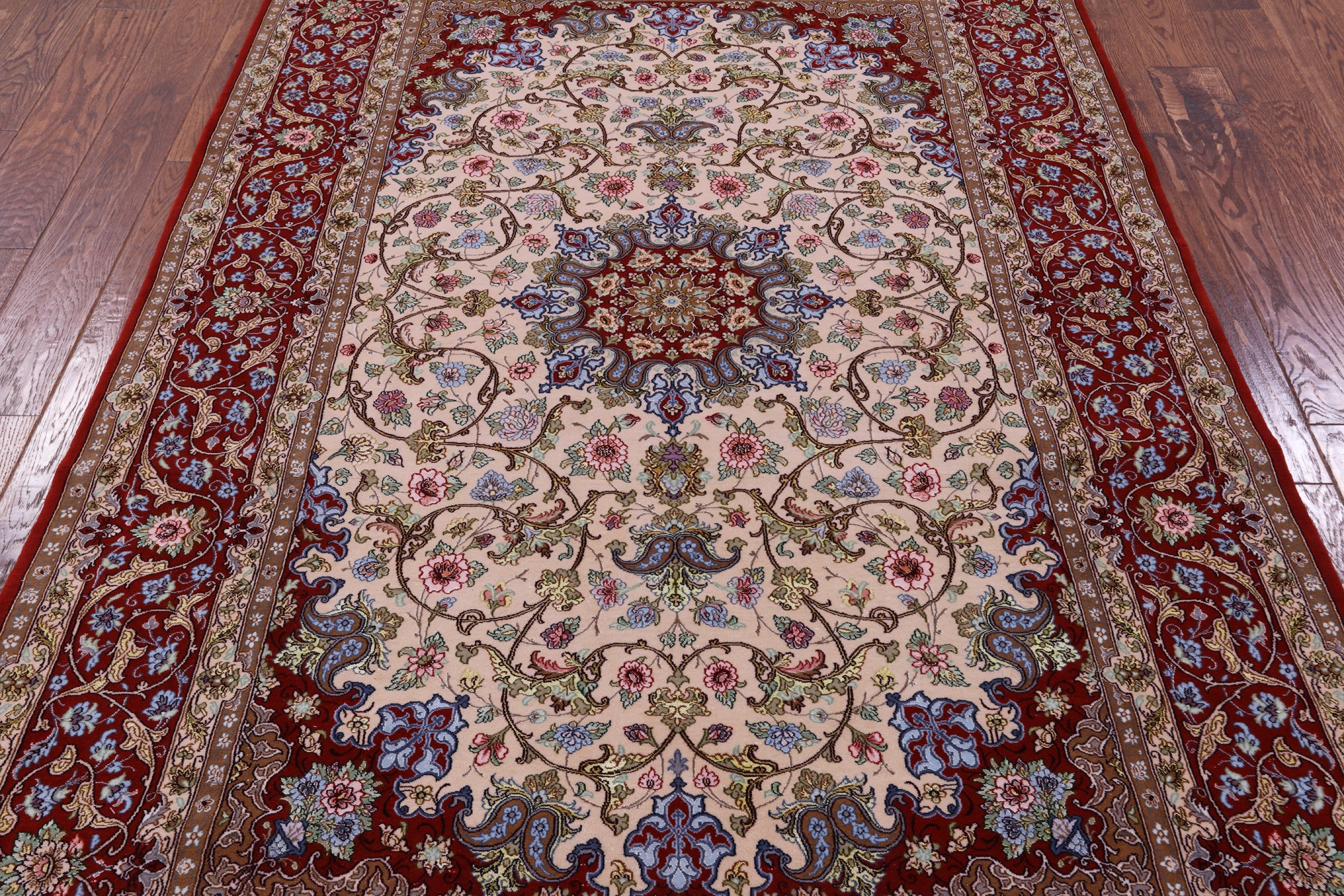 Ivory Signed Isfahan Authentic Persian Hand Knotted Wool & Silk Area Rug - 5' 1" X 7' 10" - Golden Nile