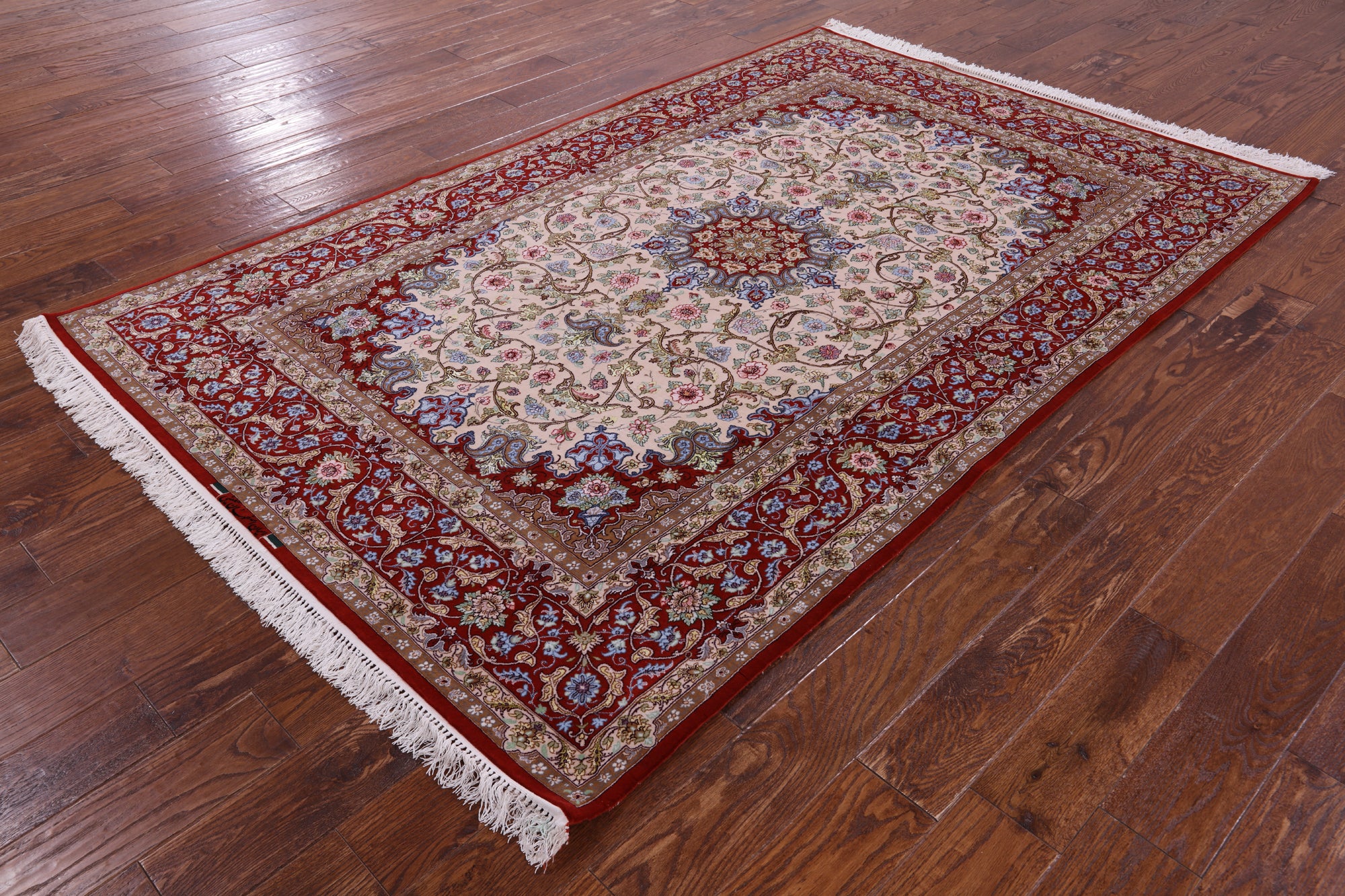 Ivory Signed Isfahan Authentic Persian Hand Knotted Wool & Silk Area Rug - 5' 1" X 7' 10" - Golden Nile