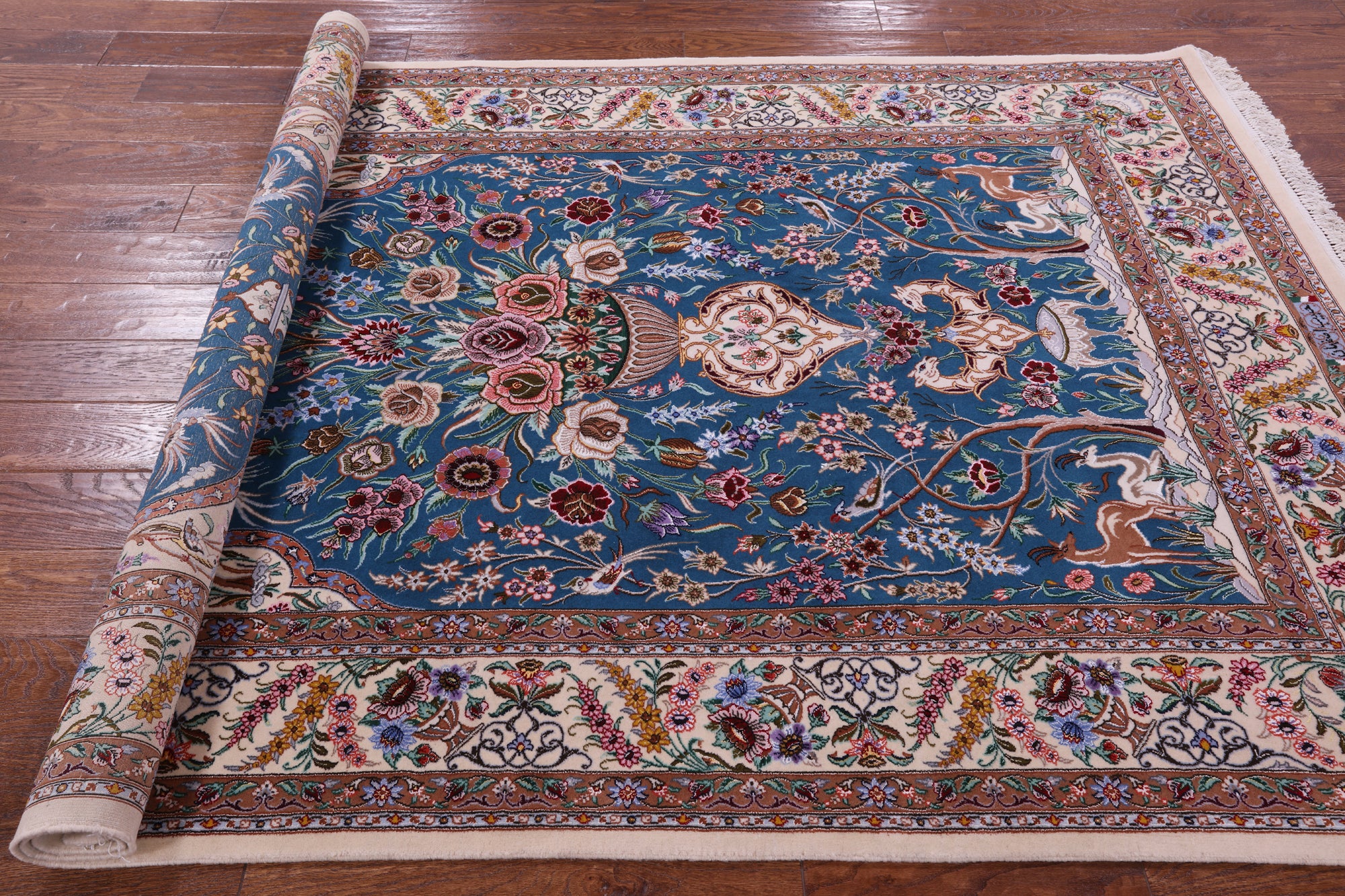 Blue Signed Isfahan Authentic Persian Hand Knotted Wool & Silk Area Rug - 5' 1" X 8' 0" - Golden Nile
