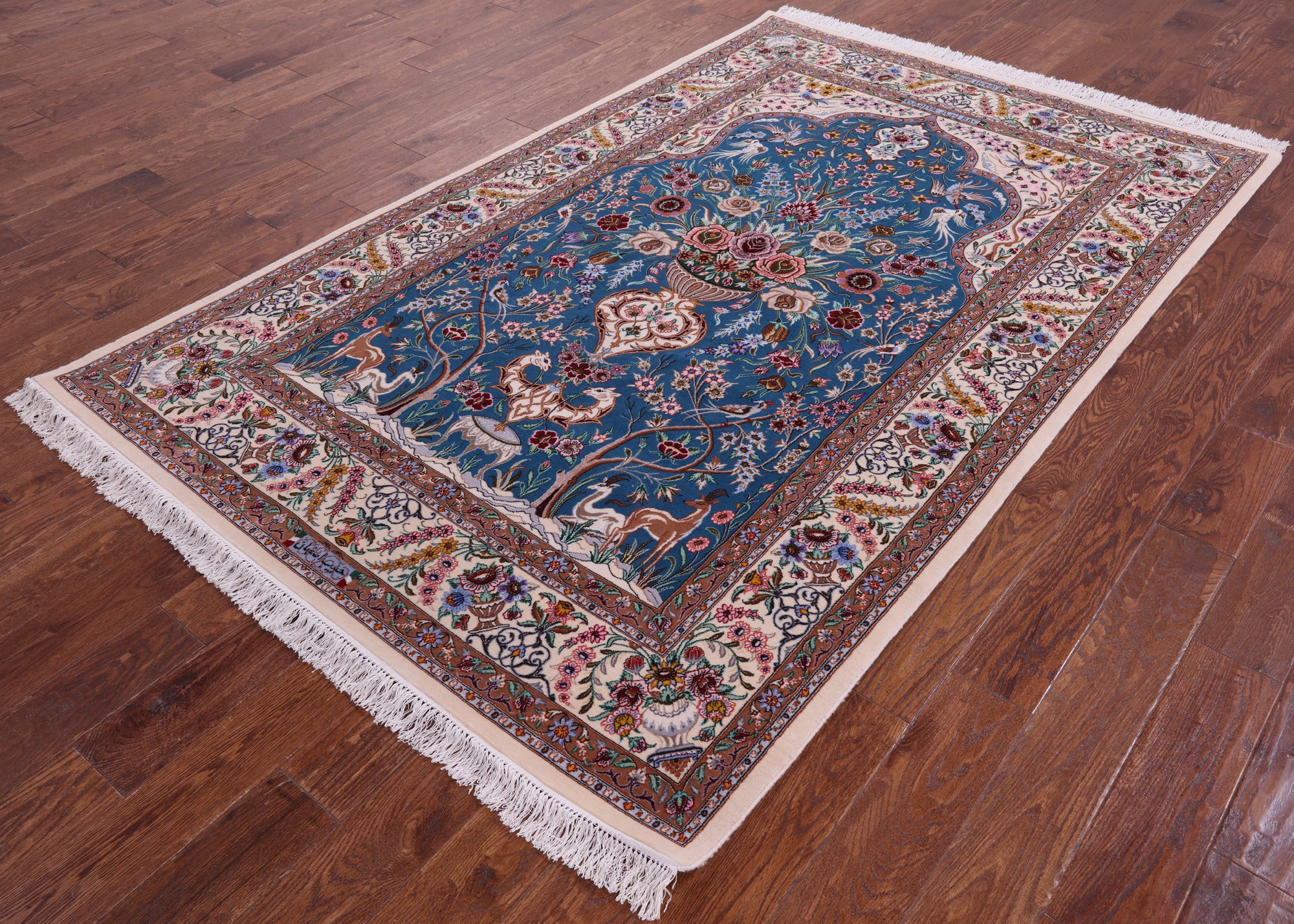 Blue Signed Isfahan Authentic Persian Hand Knotted Wool & Silk Area Rug - 5' 1" X 8' 0" - Golden Nile