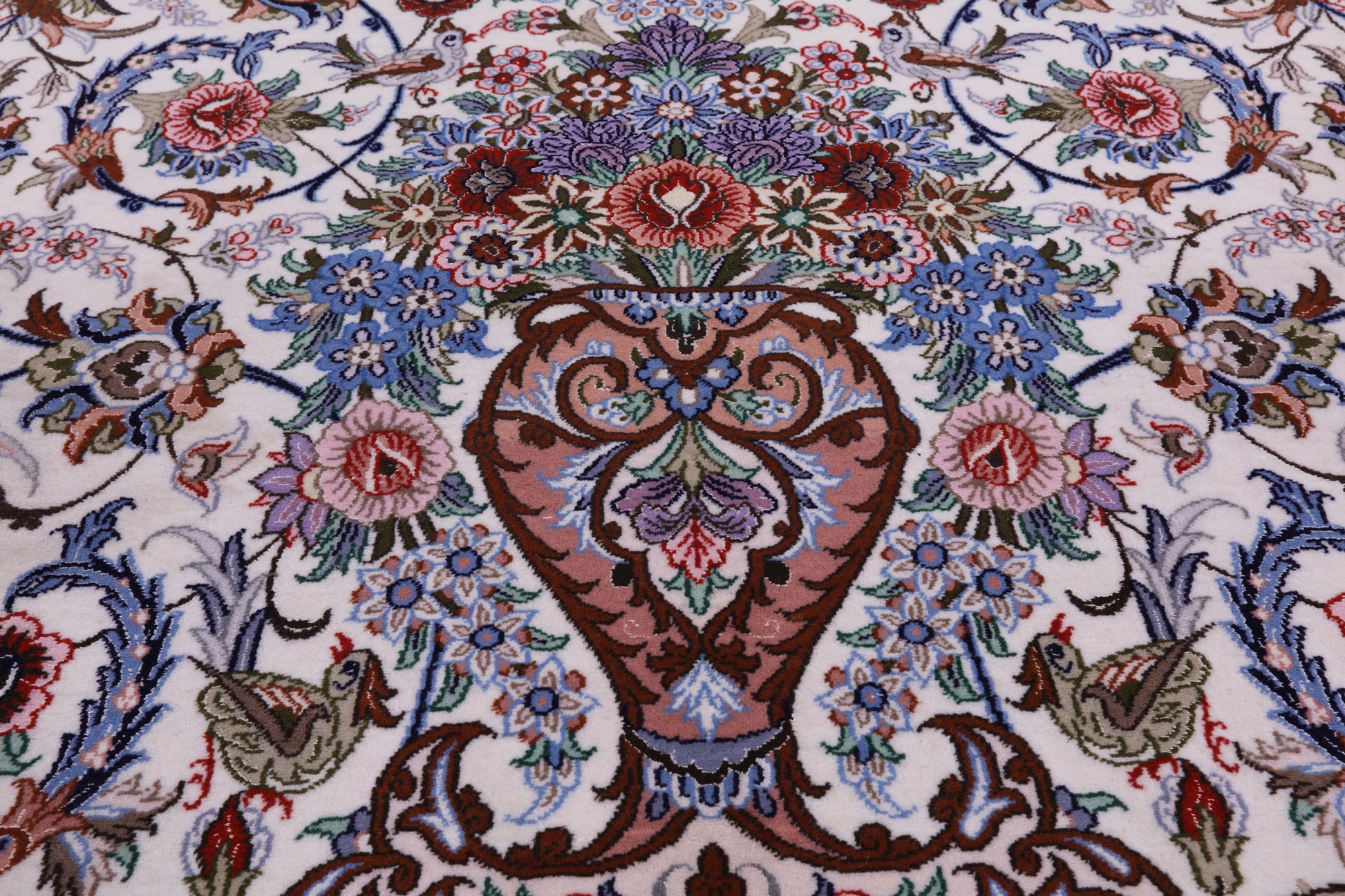 Ivory Signed Isfahan Authentic Persian Hand Knotted Wool & Silk Area Rug - 5' 1" X 7' 10" - Golden Nile