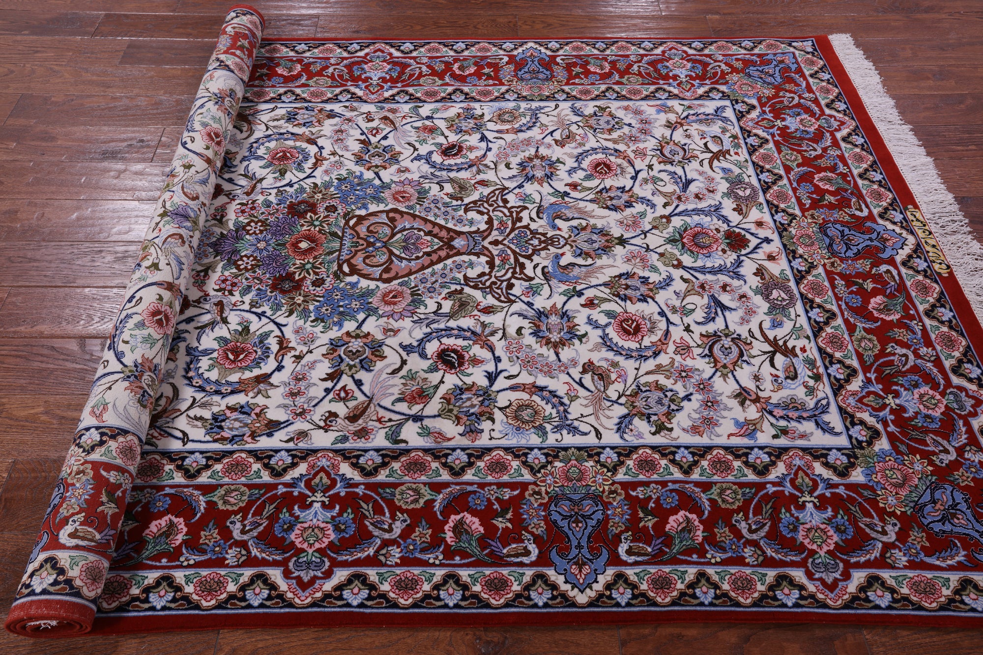 Ivory Signed Isfahan Authentic Persian Hand Knotted Wool & Silk Area Rug - 5' 1" X 7' 10" - Golden Nile