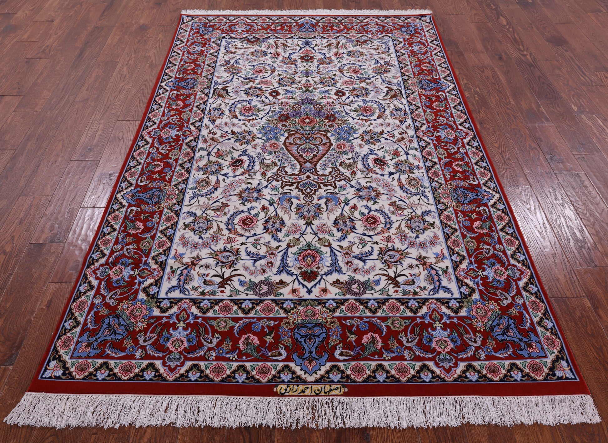Ivory Signed Isfahan Authentic Persian Hand Knotted Wool & Silk Area Rug - 5' 1" X 7' 10" - Golden Nile