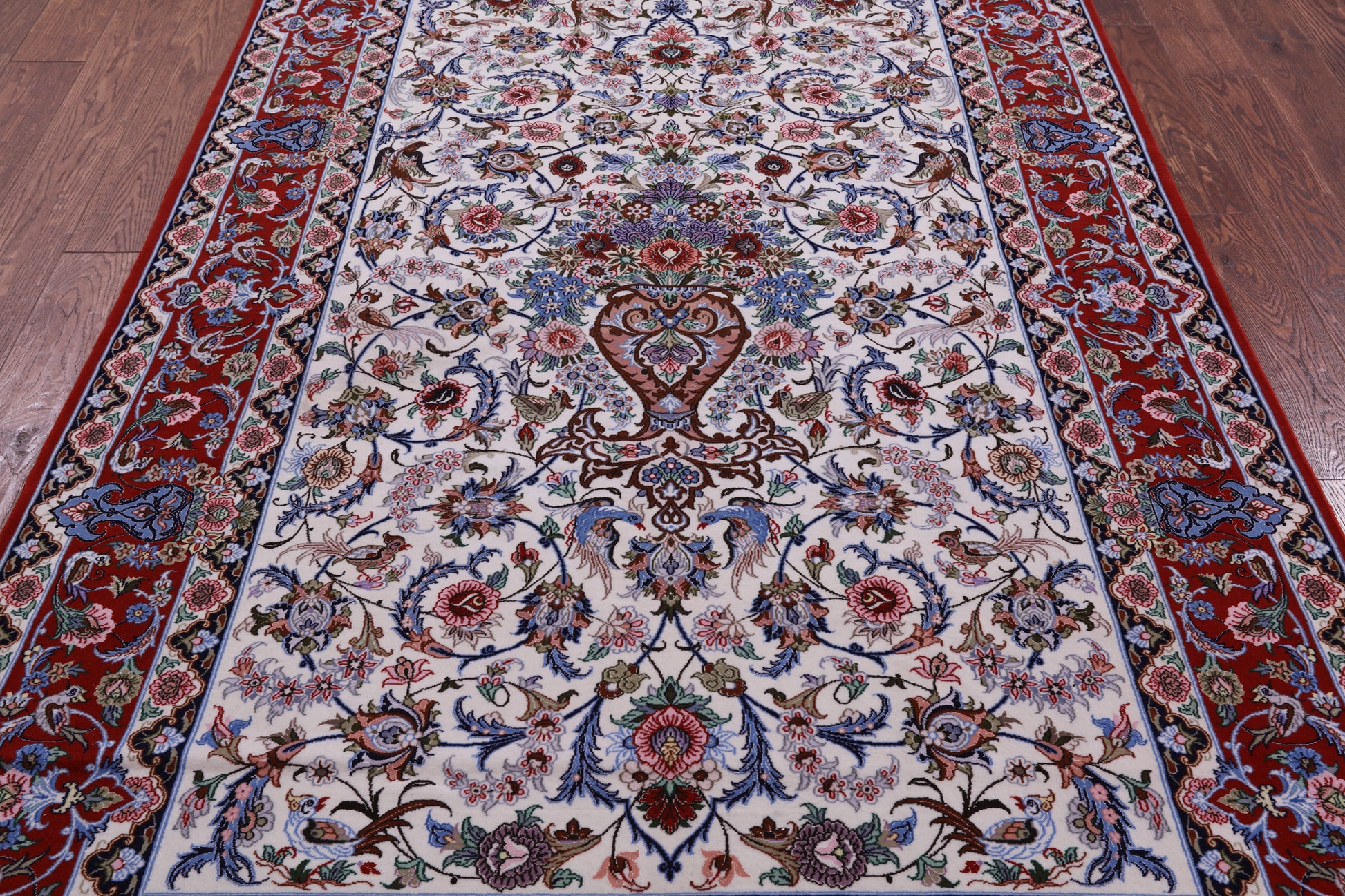 Ivory Signed Isfahan Authentic Persian Hand Knotted Wool & Silk Area Rug - 5' 1" X 7' 10" - Golden Nile