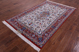 Ivory Signed Isfahan Authentic Persian Hand Knotted Wool & Silk Area Rug - 5' 1" X 7' 10" - Golden Nile