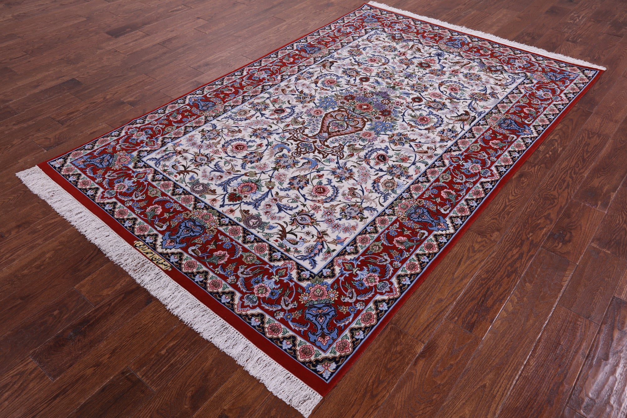 Ivory Signed Isfahan Authentic Persian Hand Knotted Wool & Silk Area Rug - 5' 1" X 7' 10" - Golden Nile