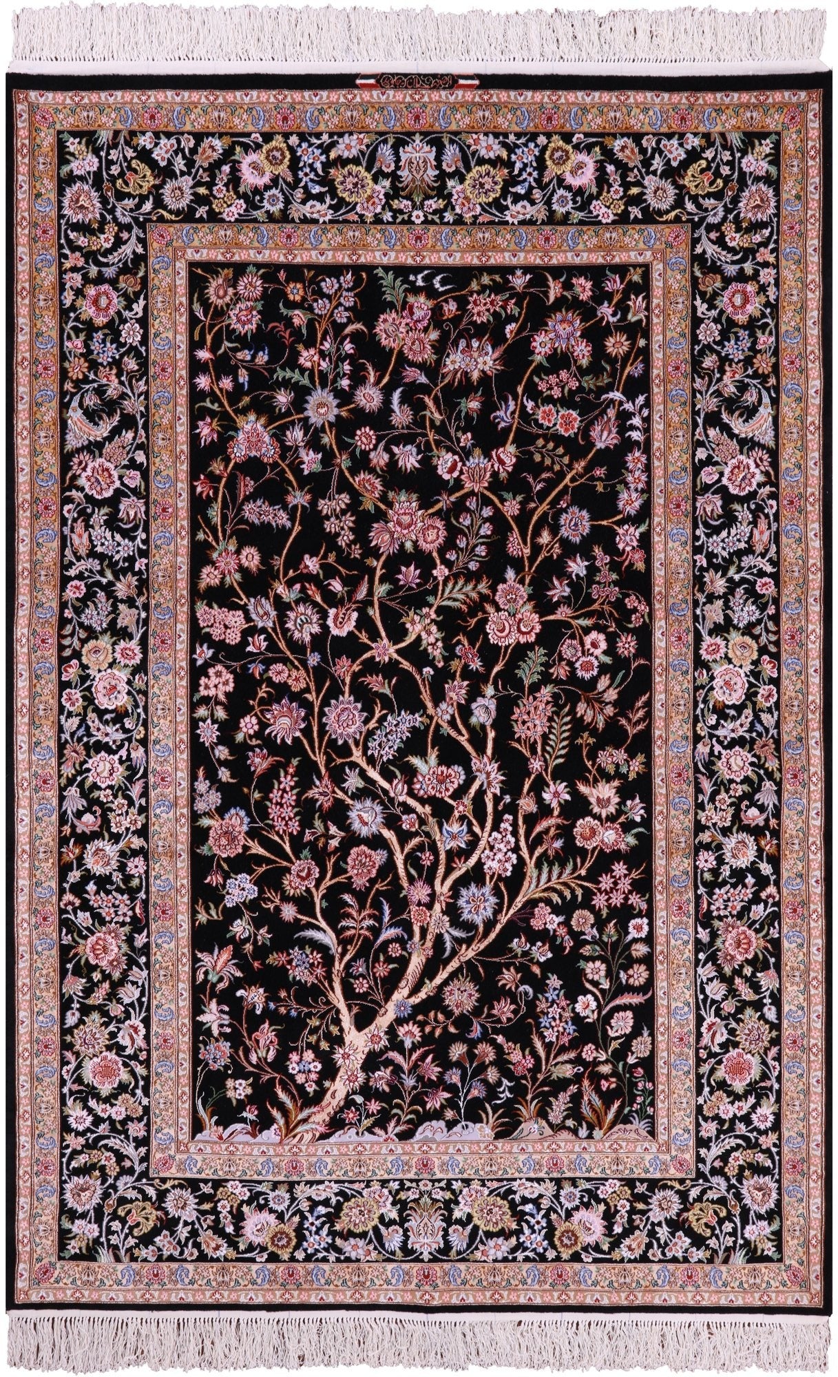 Black Signed Isfahan Authentic Persian Hand Knotted Wool & Silk Area Rug - 4' 11" X 7' 4" - Golden Nile