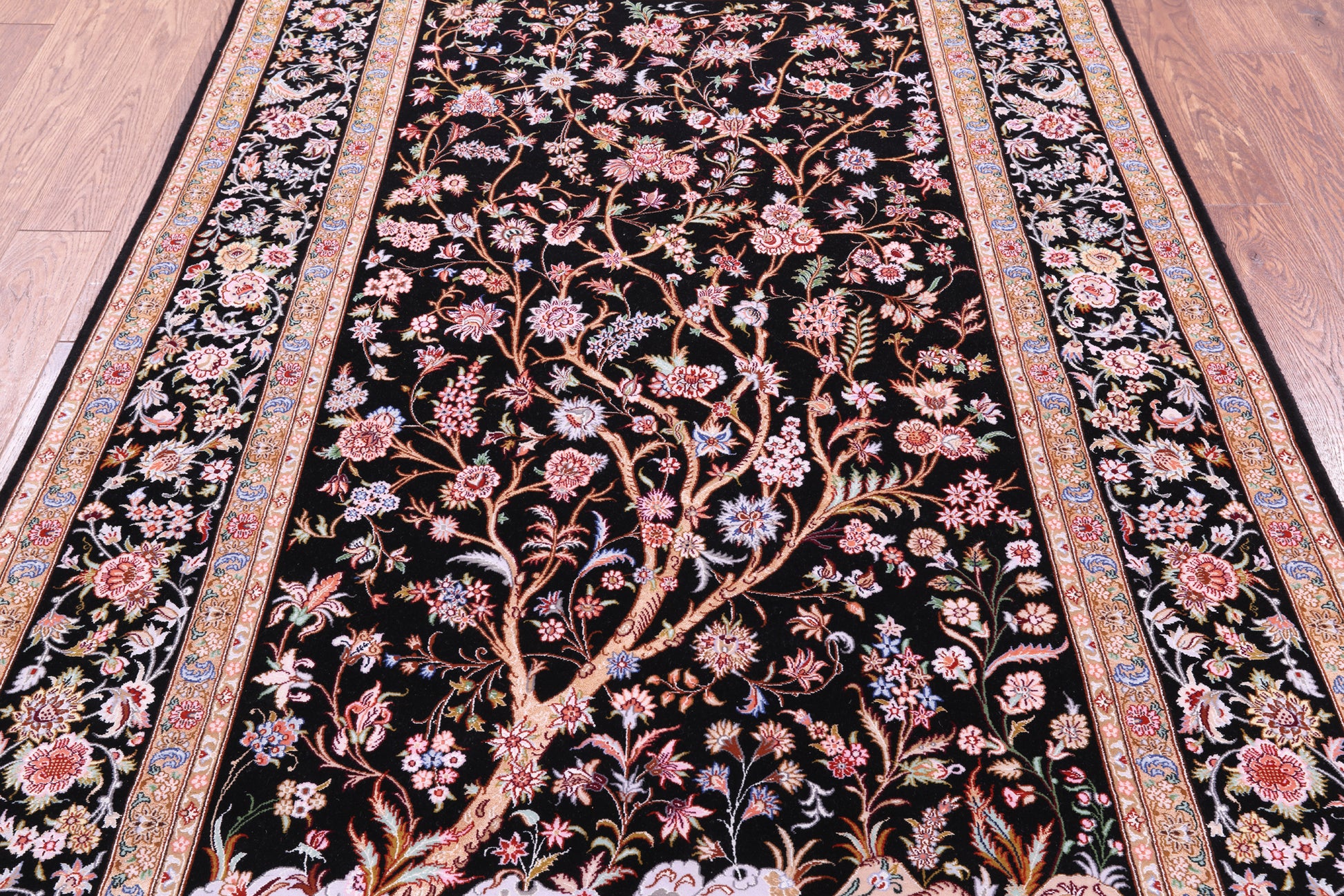 Black Signed Isfahan Authentic Persian Hand Knotted Wool & Silk Area Rug - 4' 11" X 7' 4" - Golden Nile