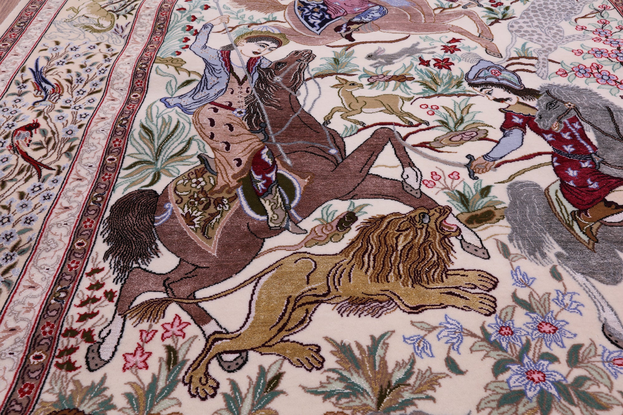 Signed Isfahan Authentic Persian Hunting Scene Hand Knotted Wool & Silk Area Rug - 4' 11" X 7' 5" - Golden Nile