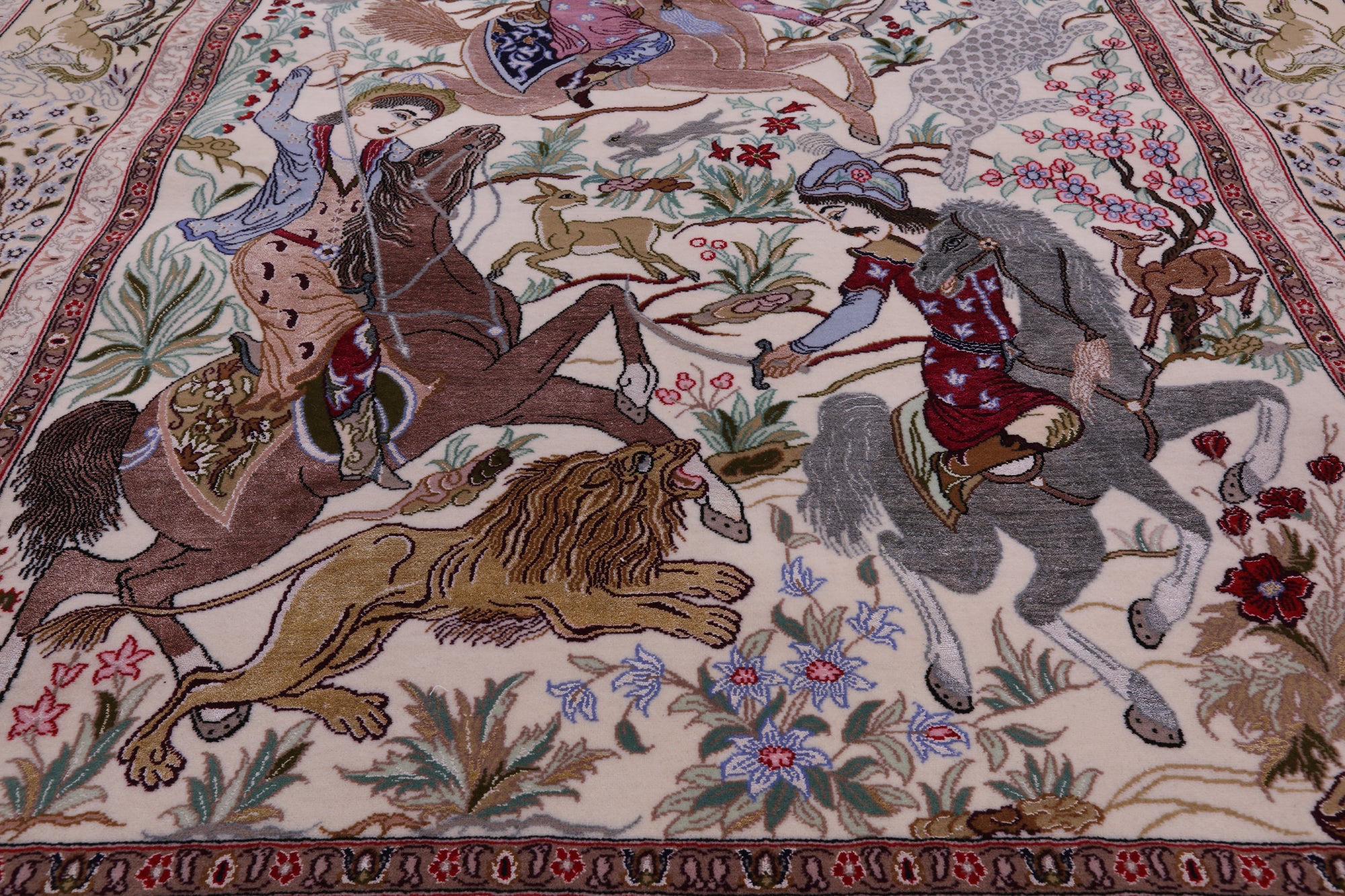 Signed Isfahan Authentic Persian Hunting Scene Hand Knotted Wool & Silk Area Rug - 4' 11" X 7' 5" - Golden Nile