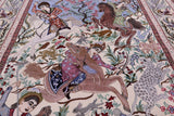 Signed Isfahan Authentic Persian Hunting Scene Hand Knotted Wool & Silk Area Rug - 4' 11" X 7' 5" - Golden Nile