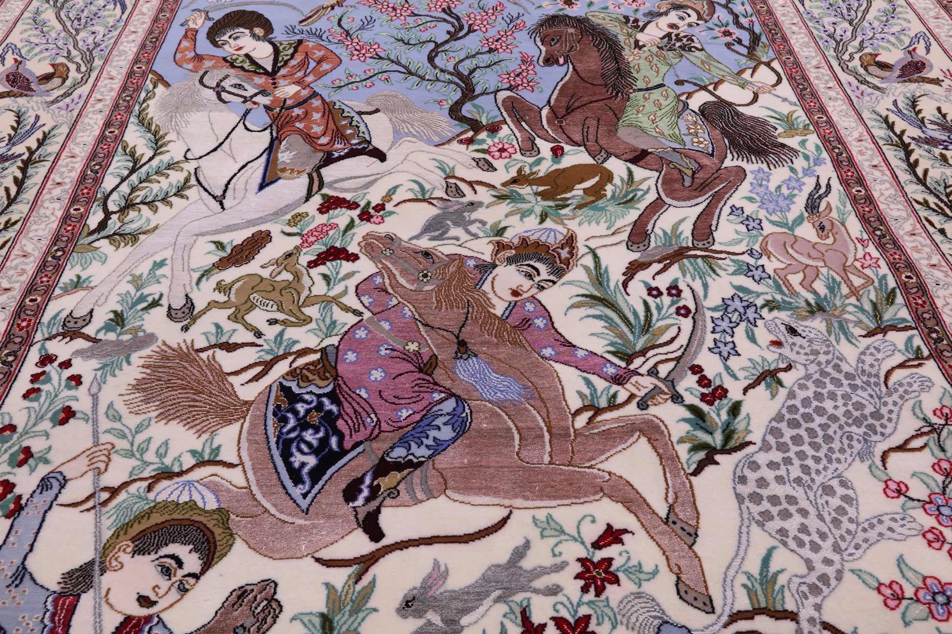 Signed Isfahan Authentic Persian Hunting Scene Hand Knotted Wool & Silk Area Rug - 4' 11" X 7' 5" - Golden Nile