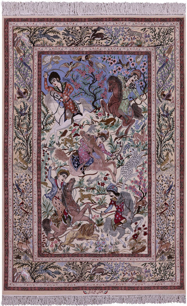 Signed Isfahan Authentic Persian Hunting Scene Hand Knotted Wool & Silk Area Rug - 4' 11" X 7' 5" - Golden Nile