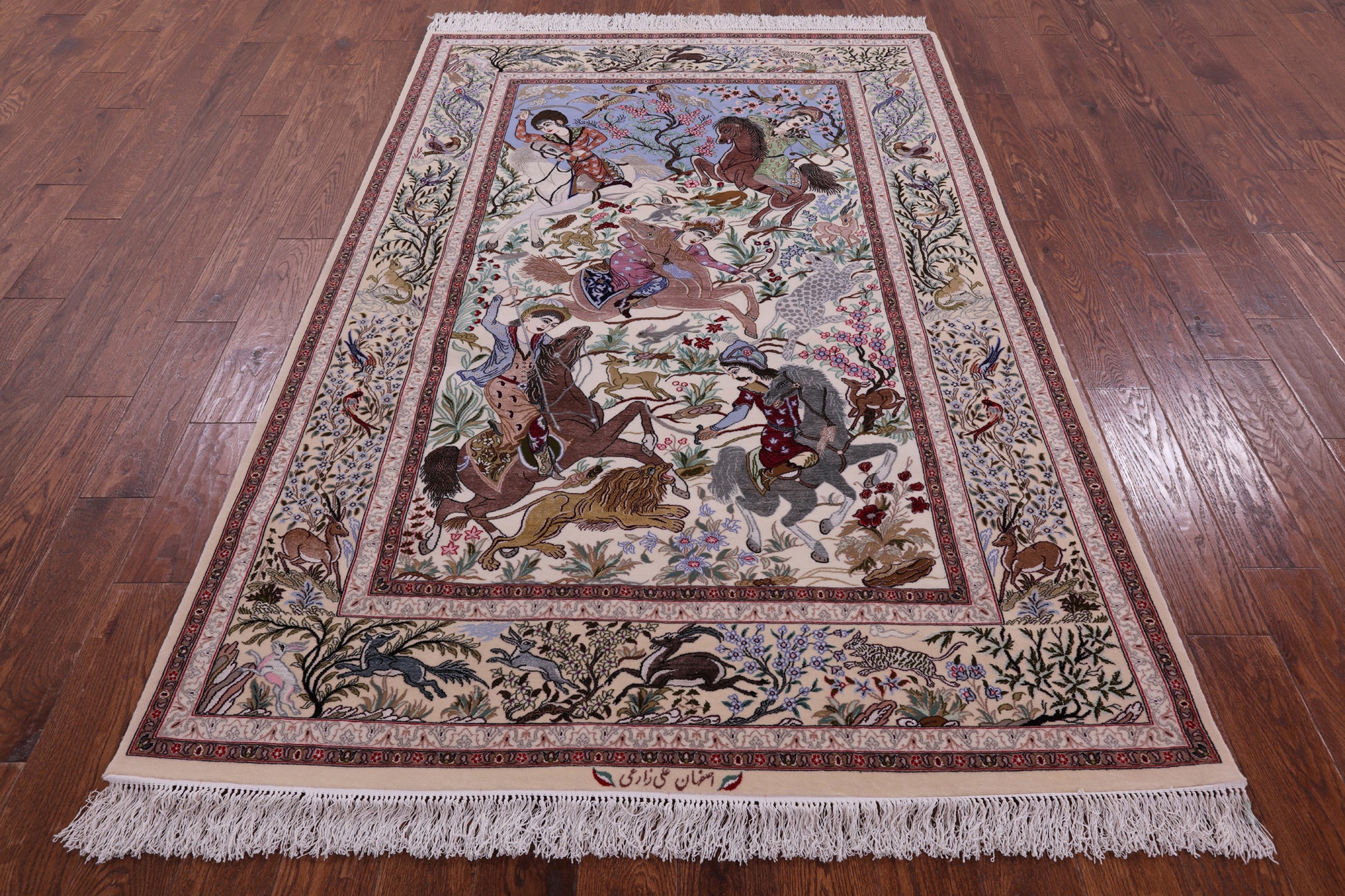 Signed Isfahan Authentic Persian Hunting Scene Hand Knotted Wool & Silk Area Rug - 4' 11" X 7' 5" - Golden Nile