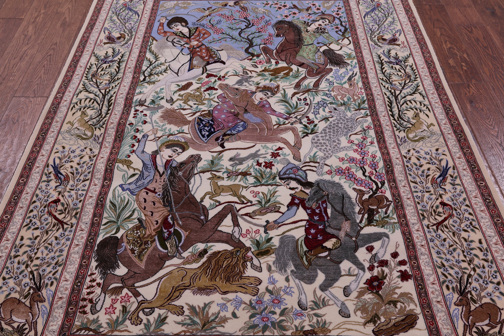 Signed Isfahan Authentic Persian Hunting Scene Hand Knotted Wool & Silk Area Rug - 4' 11" X 7' 5" - Golden Nile