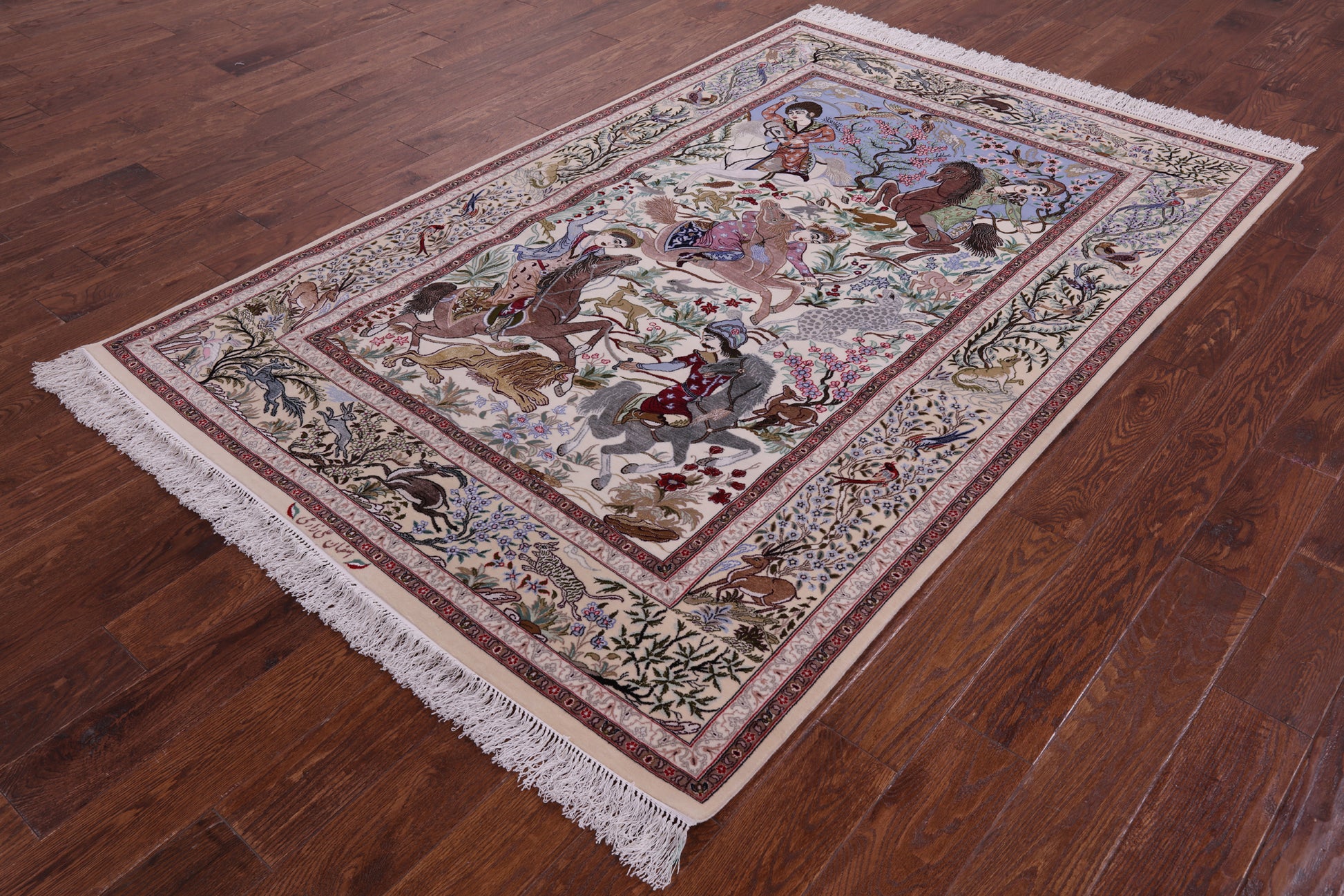 Signed Isfahan Authentic Persian Hunting Scene Hand Knotted Wool & Silk Area Rug - 4' 11" X 7' 5" - Golden Nile