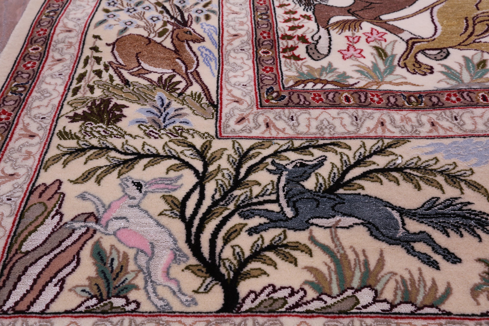 Signed Isfahan Authentic Persian Hunting Scene Hand Knotted Wool & Silk Area Rug - 4' 11" X 7' 5" - Golden Nile