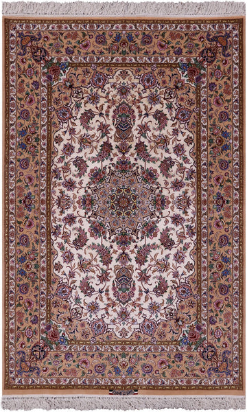 Ivory Signed Isfahan Authentic Persian Hand Knotted Wool & Silk Area Rug - 5' 1" X 7' 8" - Golden Nile