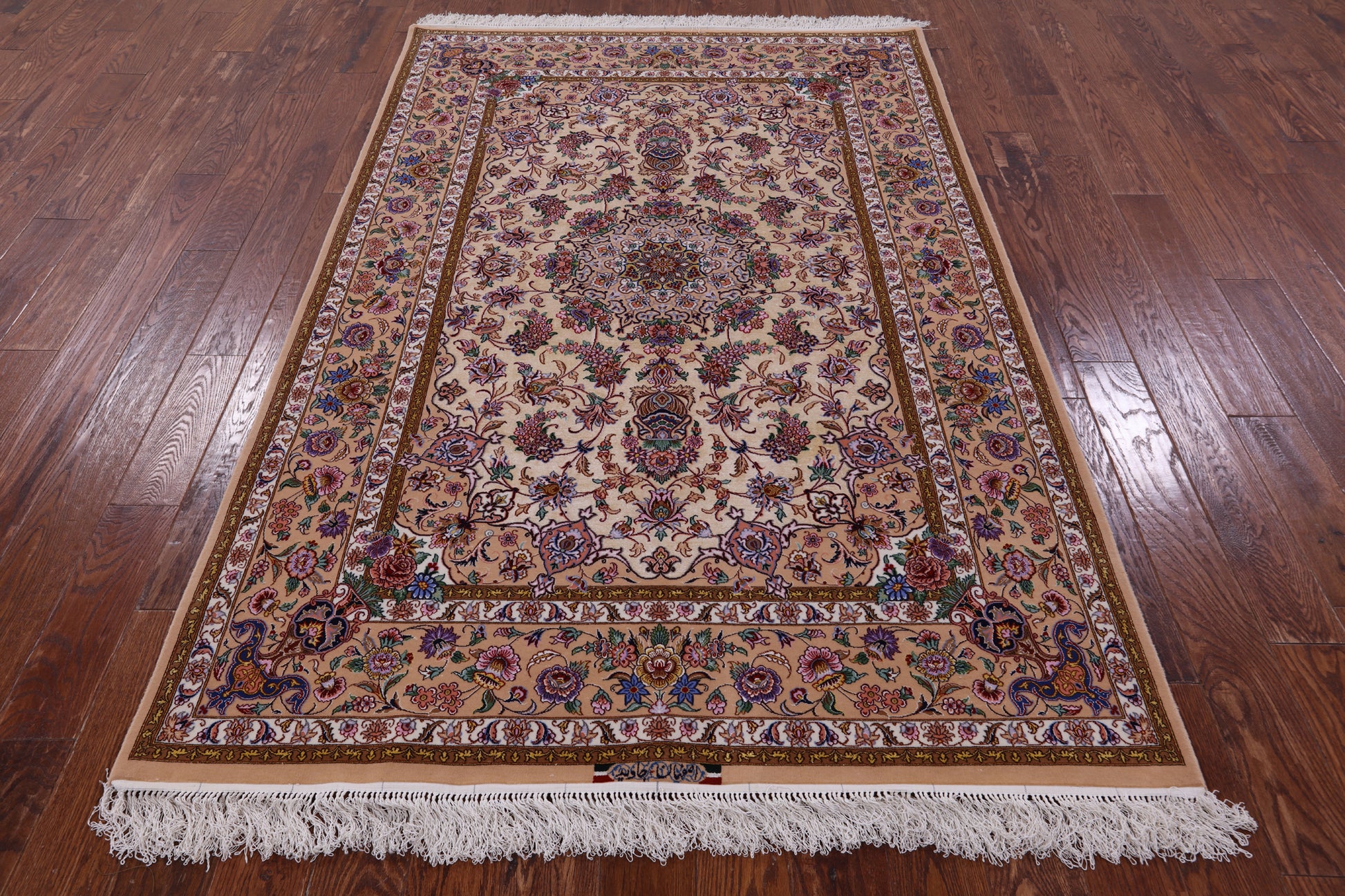Ivory Signed Isfahan Authentic Persian Hand Knotted Wool & Silk Area Rug - 5' 1" X 7' 8" - Golden Nile