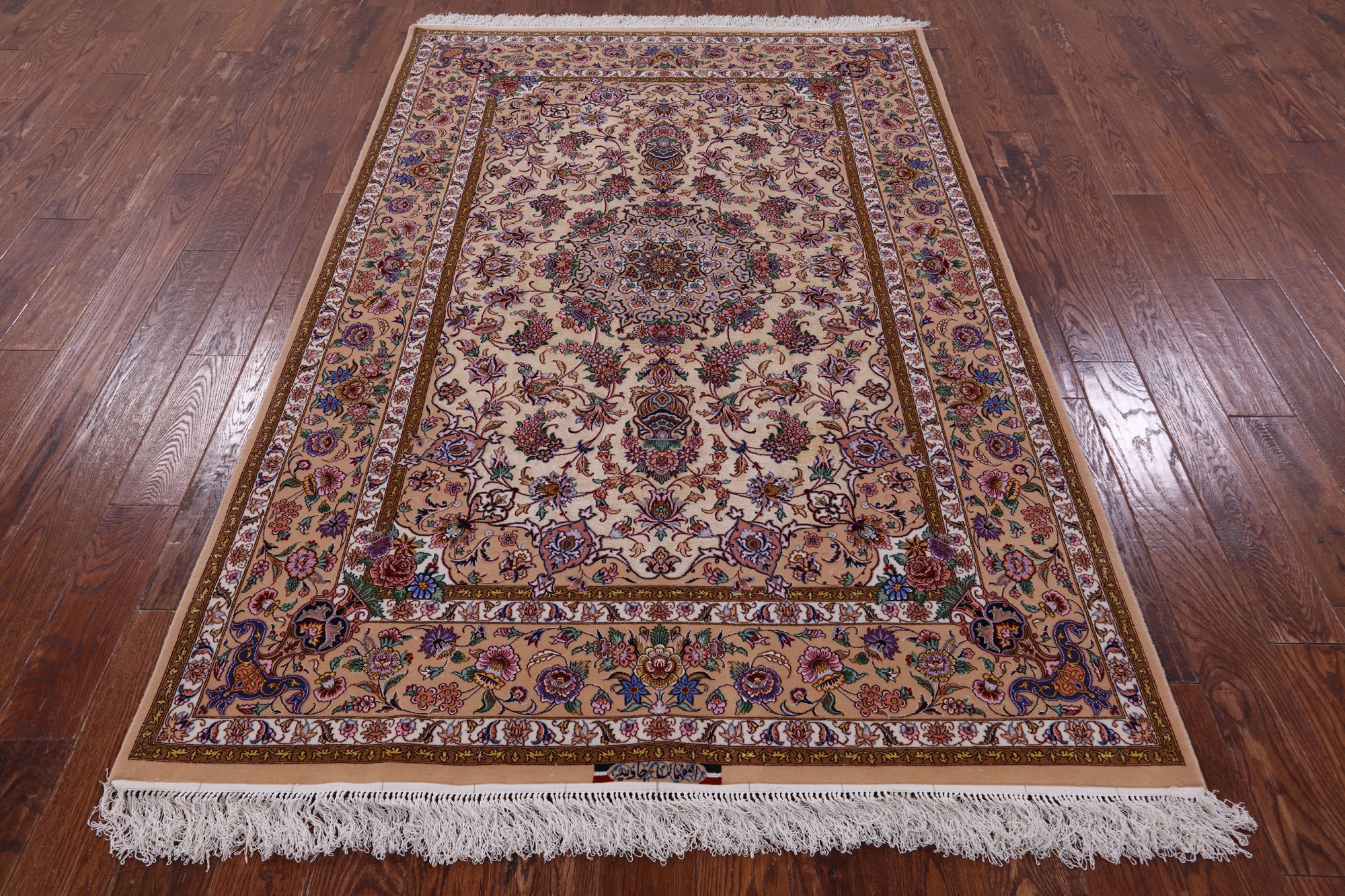 Ivory Signed Isfahan Authentic Persian Hand Knotted Wool & Silk Area Rug - 5' 1" X 7' 8" - Golden Nile