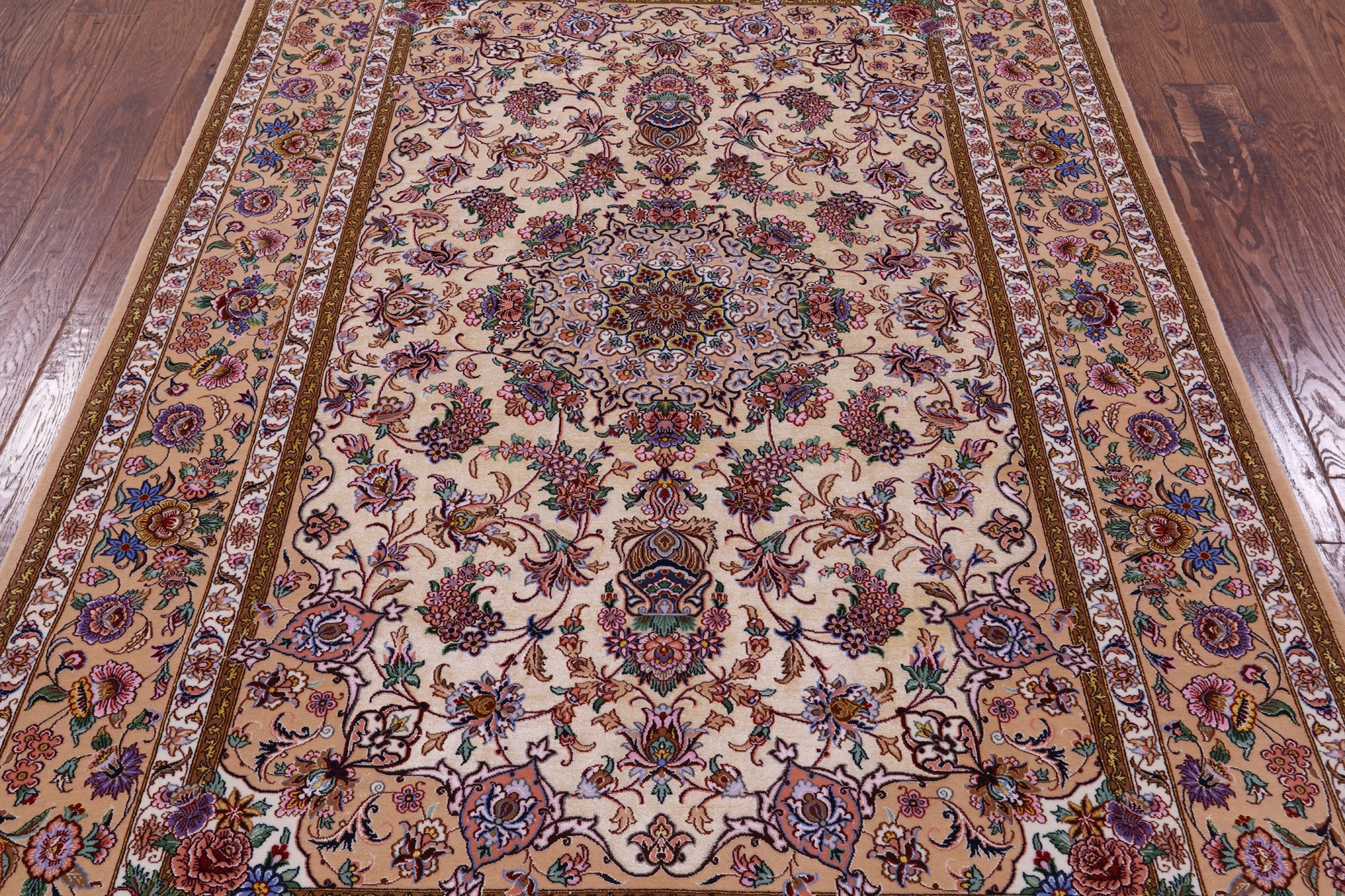 Ivory Signed Isfahan Authentic Persian Hand Knotted Wool & Silk Area Rug - 5' 1" X 7' 8" - Golden Nile