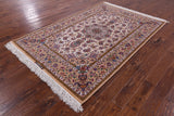 Ivory Signed Isfahan Authentic Persian Hand Knotted Wool & Silk Area Rug - 5' 1" X 7' 8" - Golden Nile