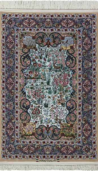 Blue Signed Isfahan Authentic Persian Hand Knotted Wool & Silk Area Rug - 4' 10" X 7' 8" - Golden Nile