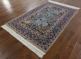 Blue Signed Isfahan Authentic Persian Hand Knotted Wool & Silk Area Rug - 4' 10" X 7' 8" - Golden Nile