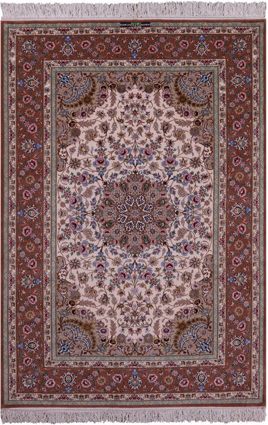 Ivory Signed Isfahan Authentic Persian Hand Knotted Wool & Silk Area Rug - 5' 1" X 7' 7" - Golden Nile